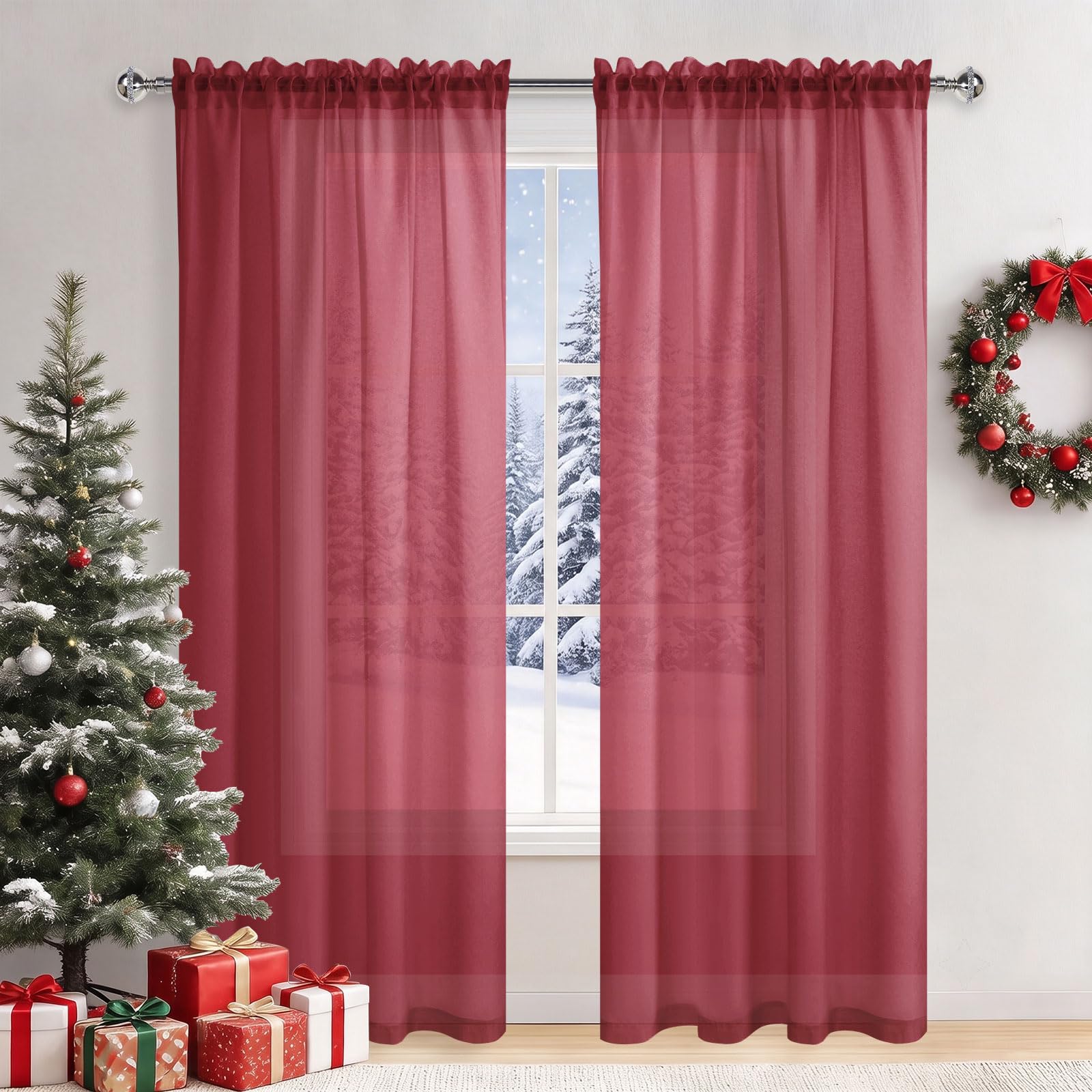 DWCN Red Net Curtains for Windows 90 Inch Drop Rod Pocket Voile — image 1