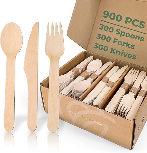 Juego de utensilios de madera compostables, 900 piezas (300 tenedores, 300 cucharas, 300 cuchillos), cubiertos desechables de madera resistentes,