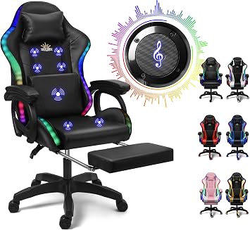 Gaming Chair with LED Lights and Speakers, Ergonomic Pro Video Game Chair with Massage and Footrest, for Adults, Teens, and Kids - Perfect for Gaming, Office, and Working. Black