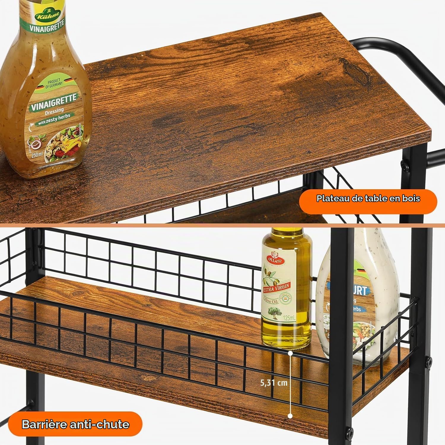 CADUKE Chariot de Cuisine à 4 Niveaux, Multifonctionnel Chariot de Rangement, Mobile Étagère avec roulettes pour Bureau, Salon, Cuisine, Salle de Bain, Buanderie, 41 * 18 * 87cm, Brun Rustique