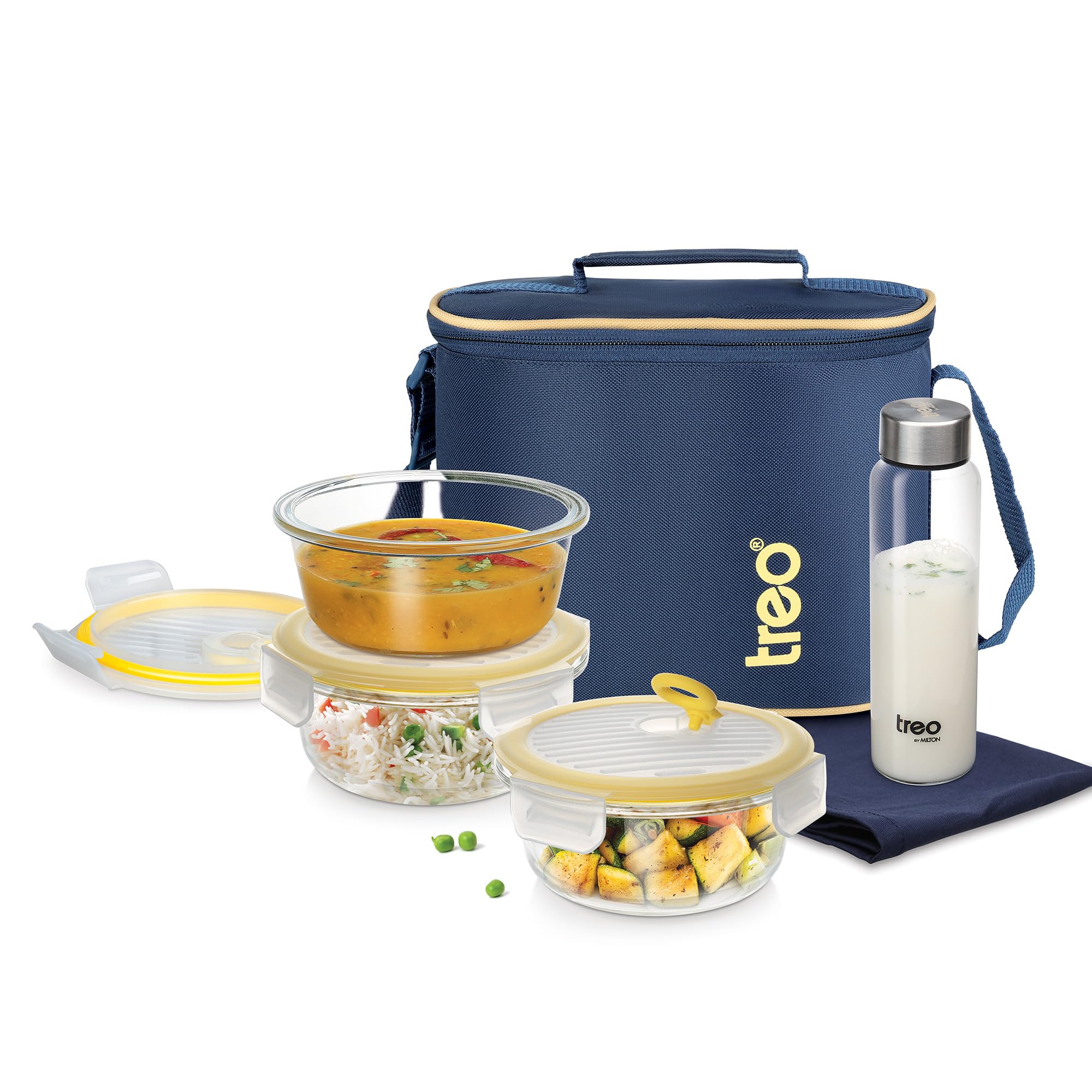 Treo By Milton All Fresh Borosilicate Glass Round Tiffin Set of 5,Durable Carry Jacket & Glass Bottle,Microwave-Oven Safe,Leak Proof, Air Vent Lid,Scratch Resistant,Ideal for Office,School,Travel,Blue