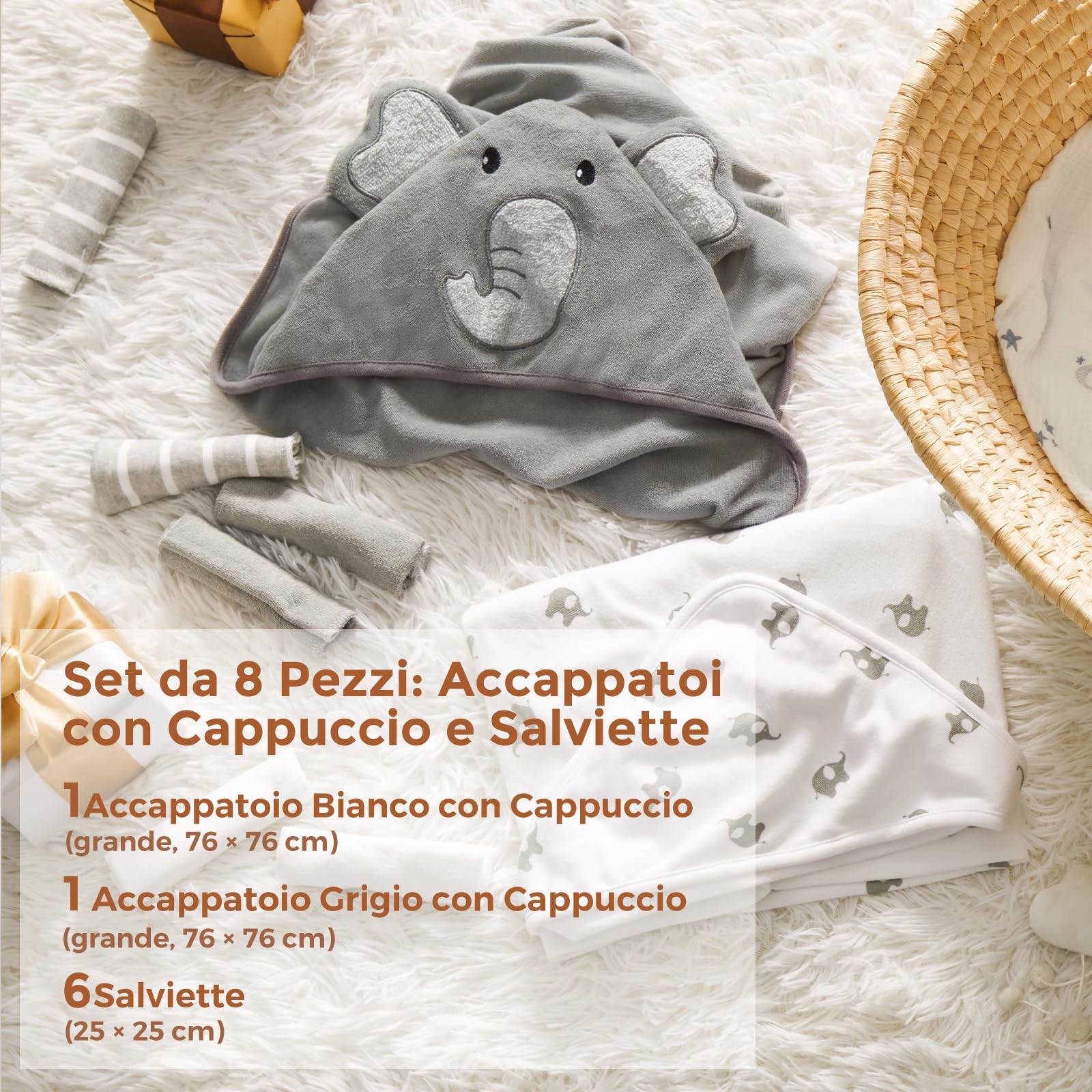 momcozy Set Asciugamani per Bambini 8 pz con Cappuccio, 2 Accappatoi Neonato 76x76 cm + 6 Quadrati Cotone 24x24 cm, Morbido e Super Assorbente, Elefante – Regalo Nascita Bimbo, Regali Neonata Femmina