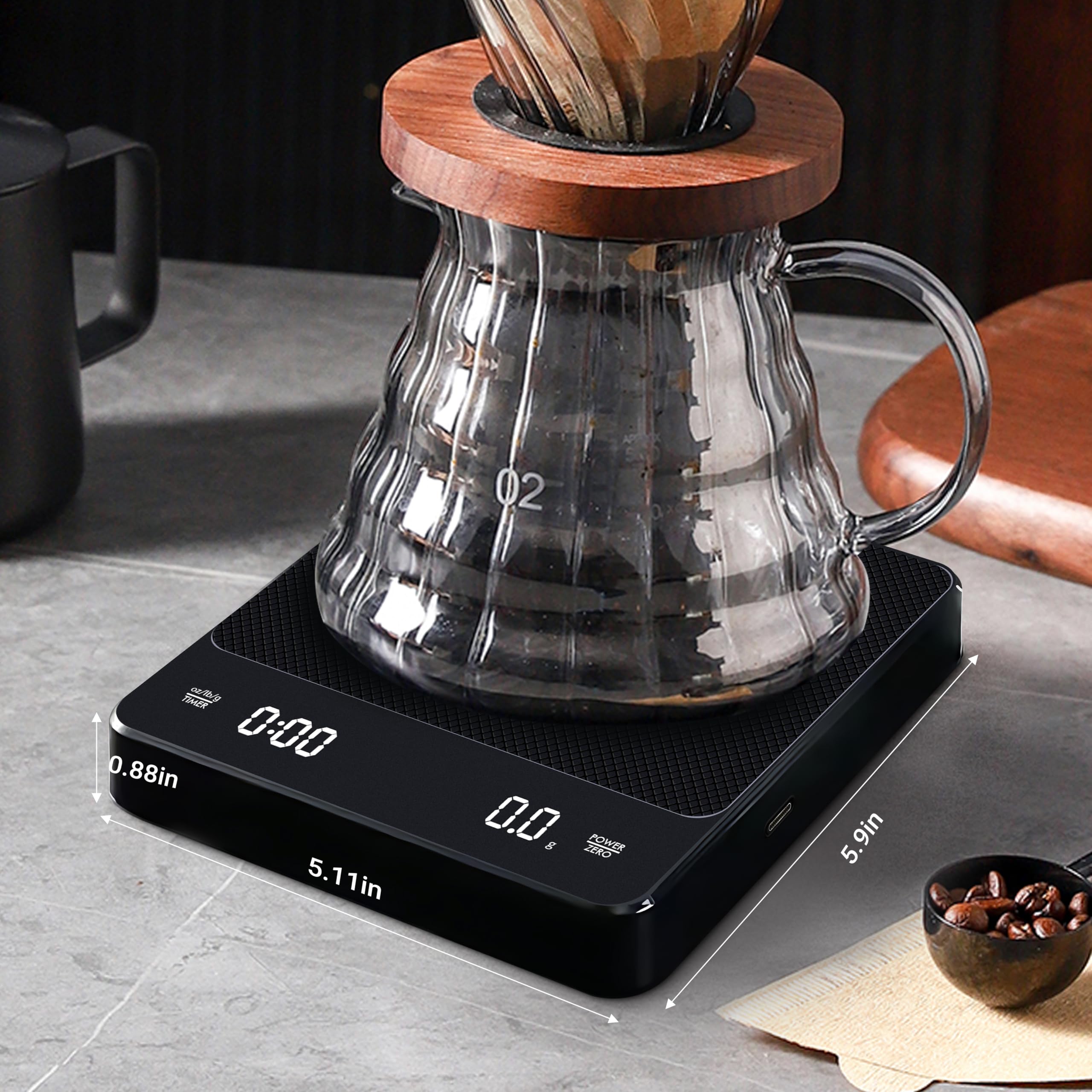 Balance de Précision pour Café Rechargeable - 3kg/0.1g avec Minuterie Intégrée | Balance à Café Électronique avec Tara Automatique et USB-C | Pour Espresso, Pour Over, Filtre & Barista