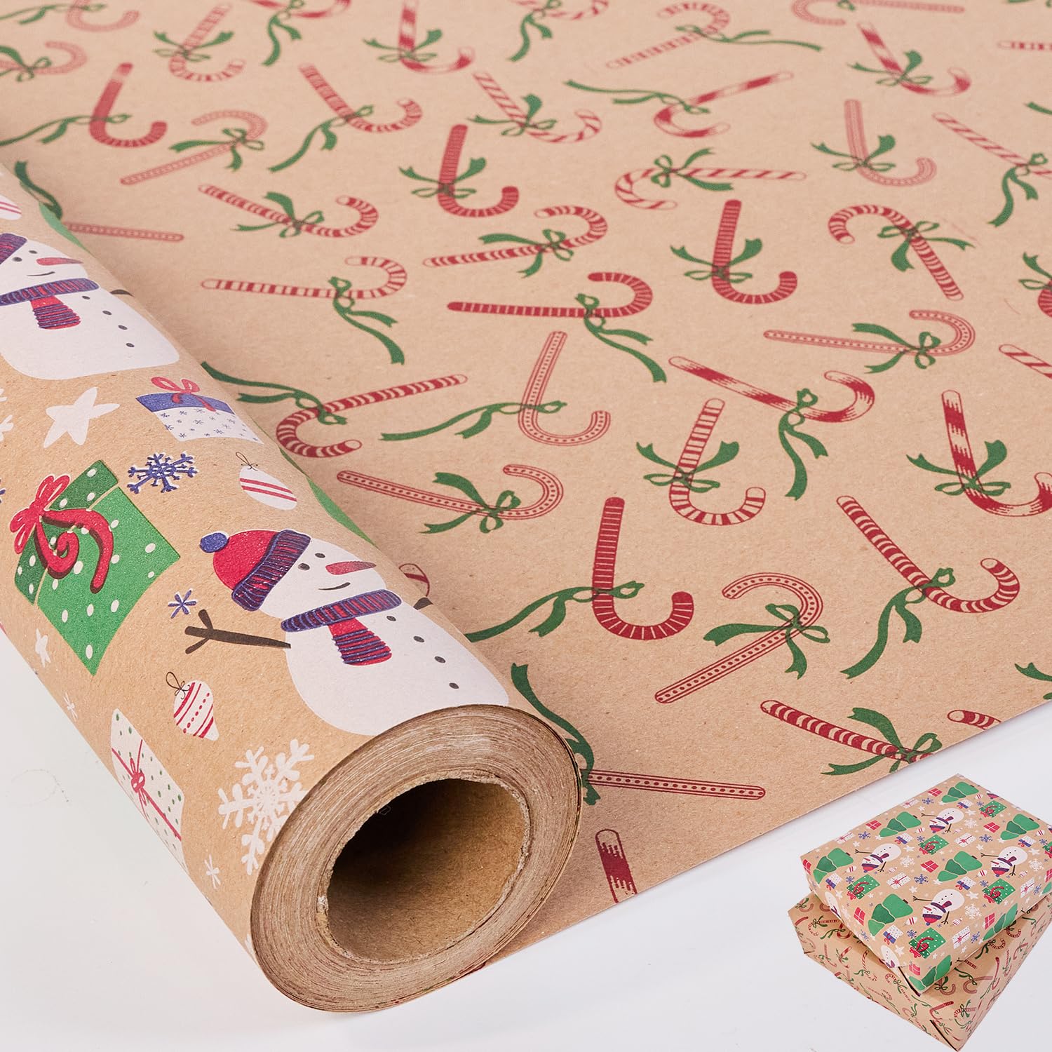 HBell Reversible Chirstmas Wrapping Paper Roll,43cm*10m Double-sided Xmas Wrapping Paper,Brown Kraft Gift Wrapping Paper for Christmas Decoration Party DIY Carft (snowman cane)