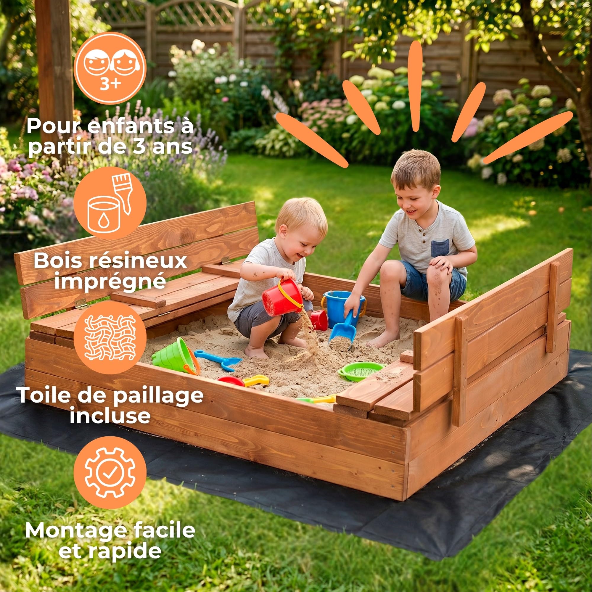 Springos Bac à sable en bois 120 x 120 cm avec imprégnation à base d'eau respectueuse de l'environnement, bords arrondis, géotextile, pin de qualité supérieure, à monter soi-même, planches durables de