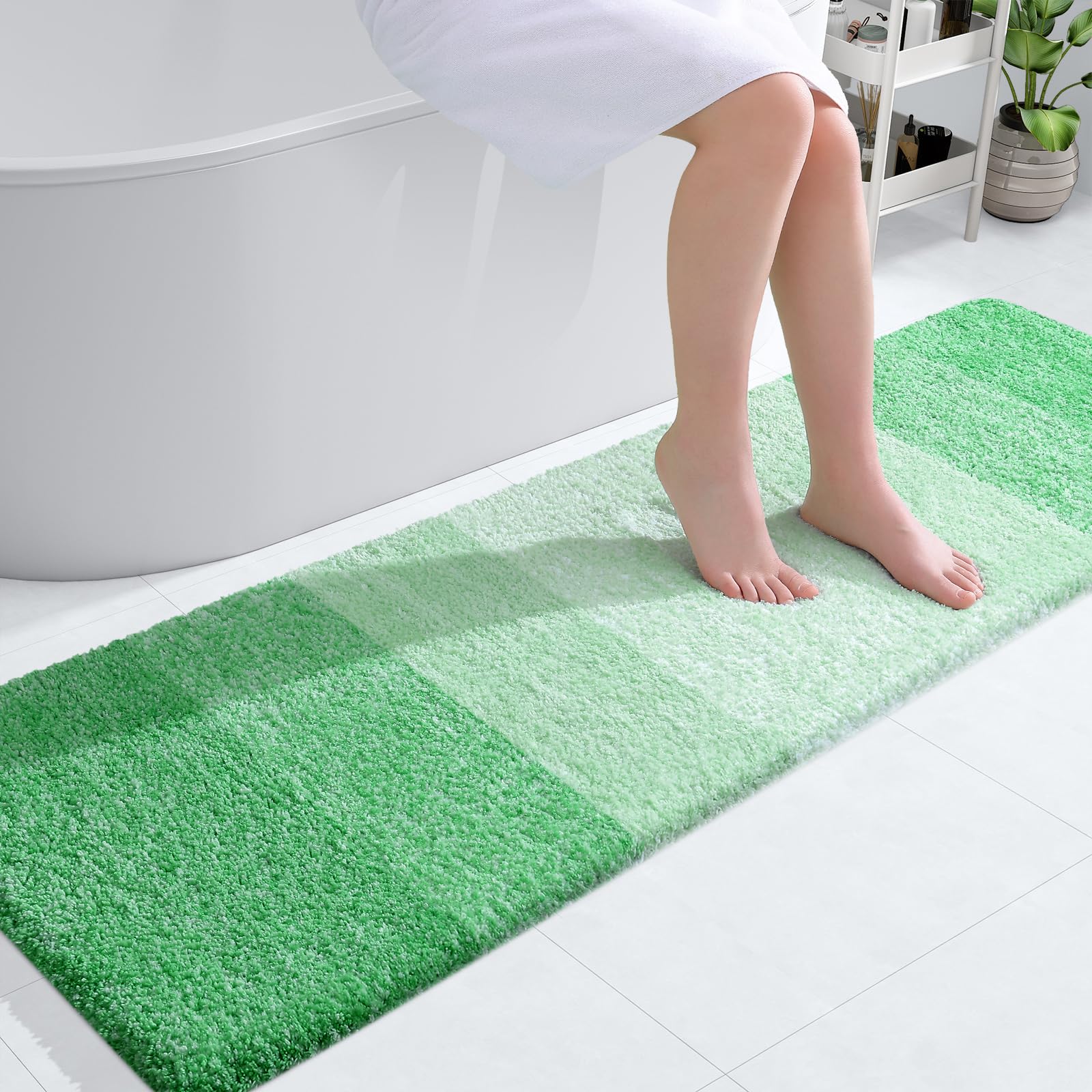 OLANLY Bathroom Runner Rug 59x17, Extra Soft Absorbent Microfiber Bath Rugs | Green, Non-Slip Quick-Drying Rubber Backing, Machine Washable Long Bath Mat for Floor, Tub and Shower, Home Decor Accessories