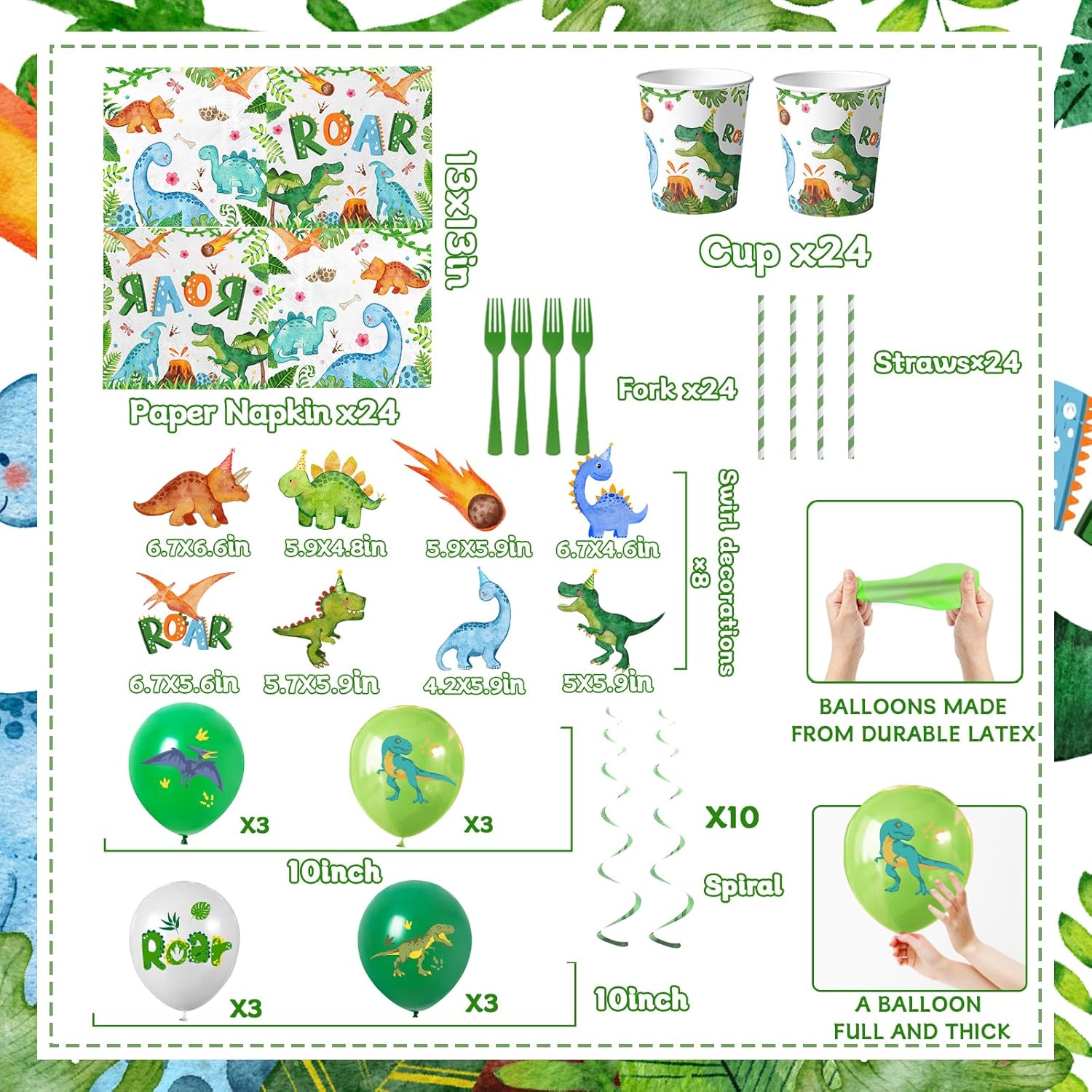 Dinosaur Birthday Party Supplies for Boys,Dinosaur Birthday Decorations Includes Party Plates and Napkins,Banner,12 Balloons,Tablecloth,Cups,Honeycomb Cupcake Topper,Hanging Swirls,Serve 24