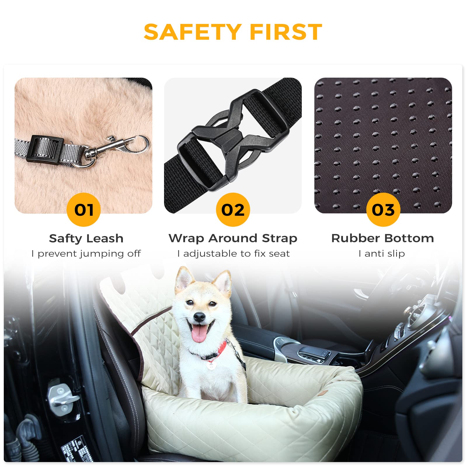 HAPPY HACHI Seggiolino Auto per Cani di Piccola e Media Taglia, Letto per Cane Cuccia per Cani Seggiolino da Viaggio per Gatti con Copertura Rimovibile e Guinzaglio Sicurezza Beige