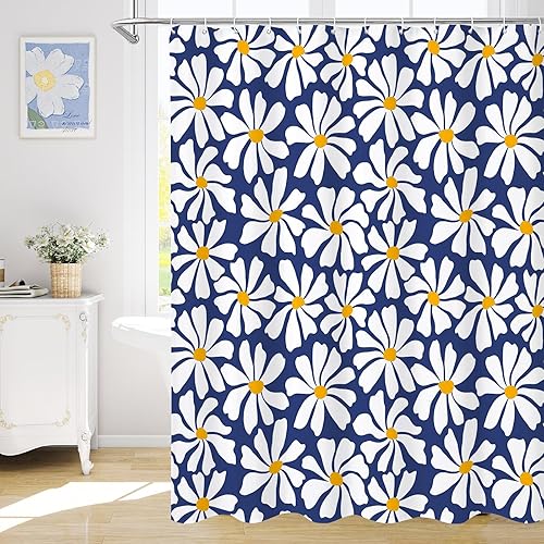 Miniatura 31 de Cortina de ducha floral de margaritas azules, cortina de ducha bohemia con flores de primavera para baño femenino, juego de cortina de ducha moderna