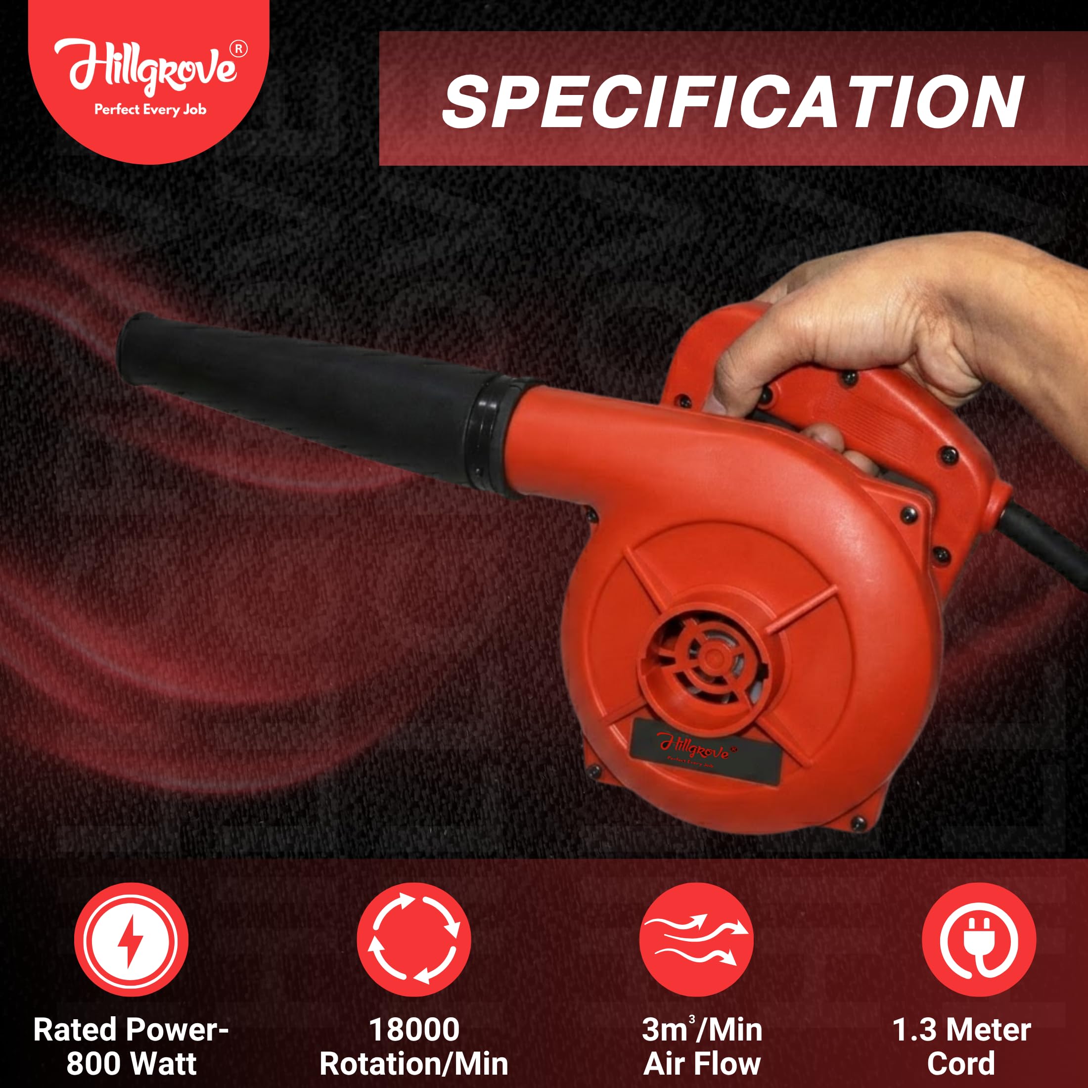 Hillgrove HGCM695M1 800W-18000RPM Electric Air Blower and Suction Dust Cleaner for AC/Computer/Home with Carbon Brushes Air Gun Dust Cleaning Forward Curved Air Blower (Corded Vacuum) 1