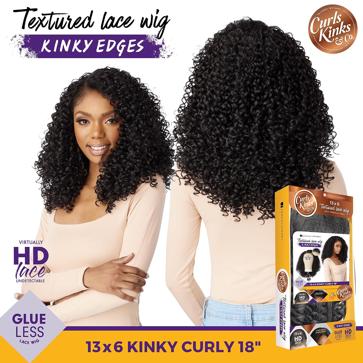Sensationnel Curls Kinksandco Kinkyedges Wig - Kinky Curly 18 Inch 13X6 Lace Frontal Natural Kinkytexture Edged Hairline for Natural 3C to 4C Hair Textures (BALAYAGECOPPER)