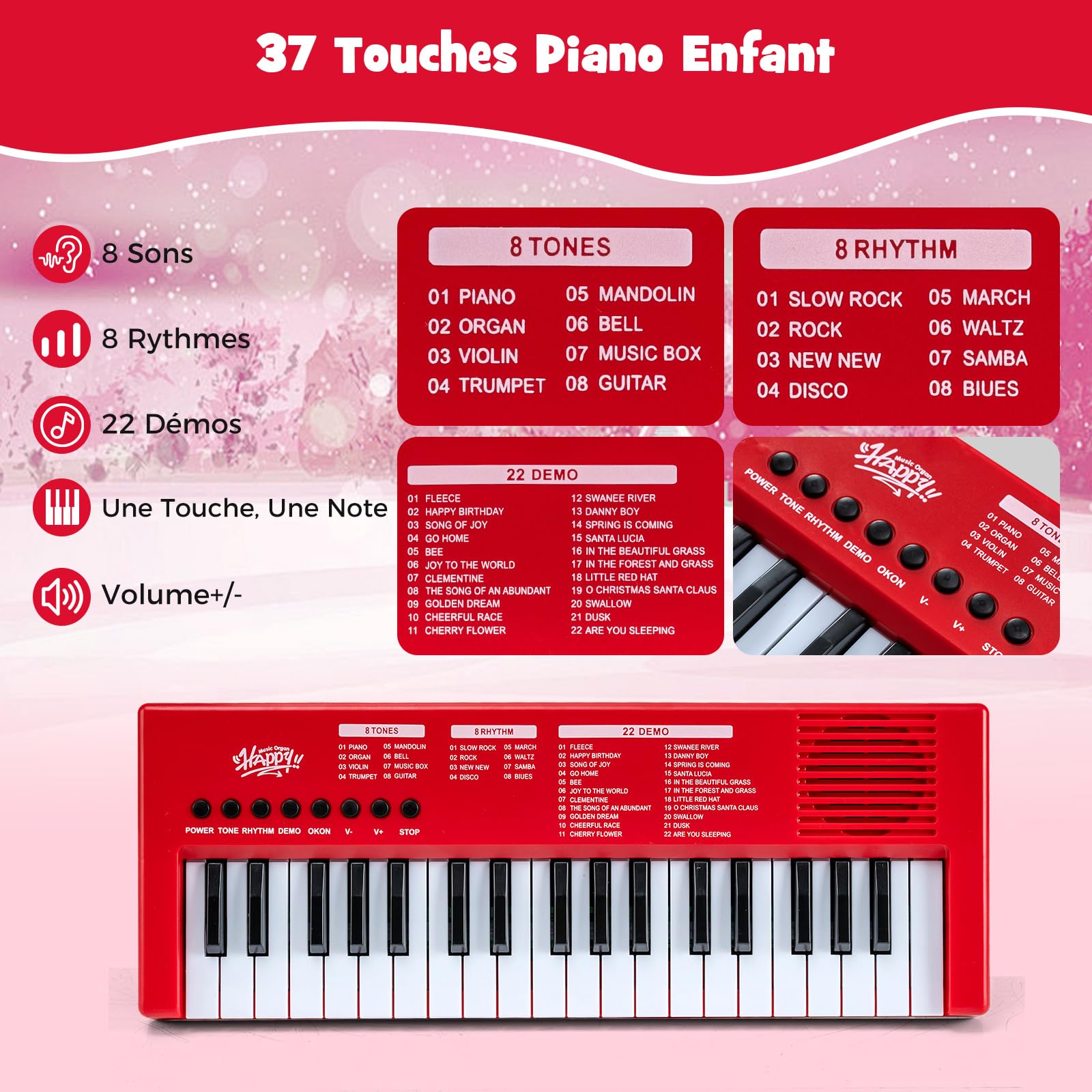 COSTWAY Clavier Piano Enfants 37 Touches avec Microphone, Piano Numérique Portable avec 8 Rythmes, 8 Tonalités, 22 Démos, Haut-parleurs, Jouet Musical Éducatif pour Garçons Filles 3 Ans+ (Rouge)