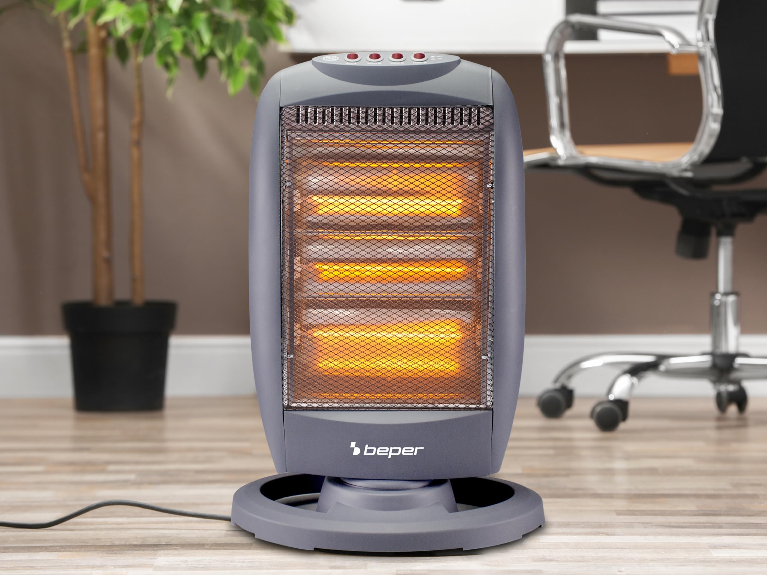 BEPER P203PAN011 Panneau radiant halogène, 400/800/1200W, 3 Eléments chauffants, 3 Niveaux de puissance, Oscillation horizontale automatique, Fonction ECO et Arrêt automatique, Gris