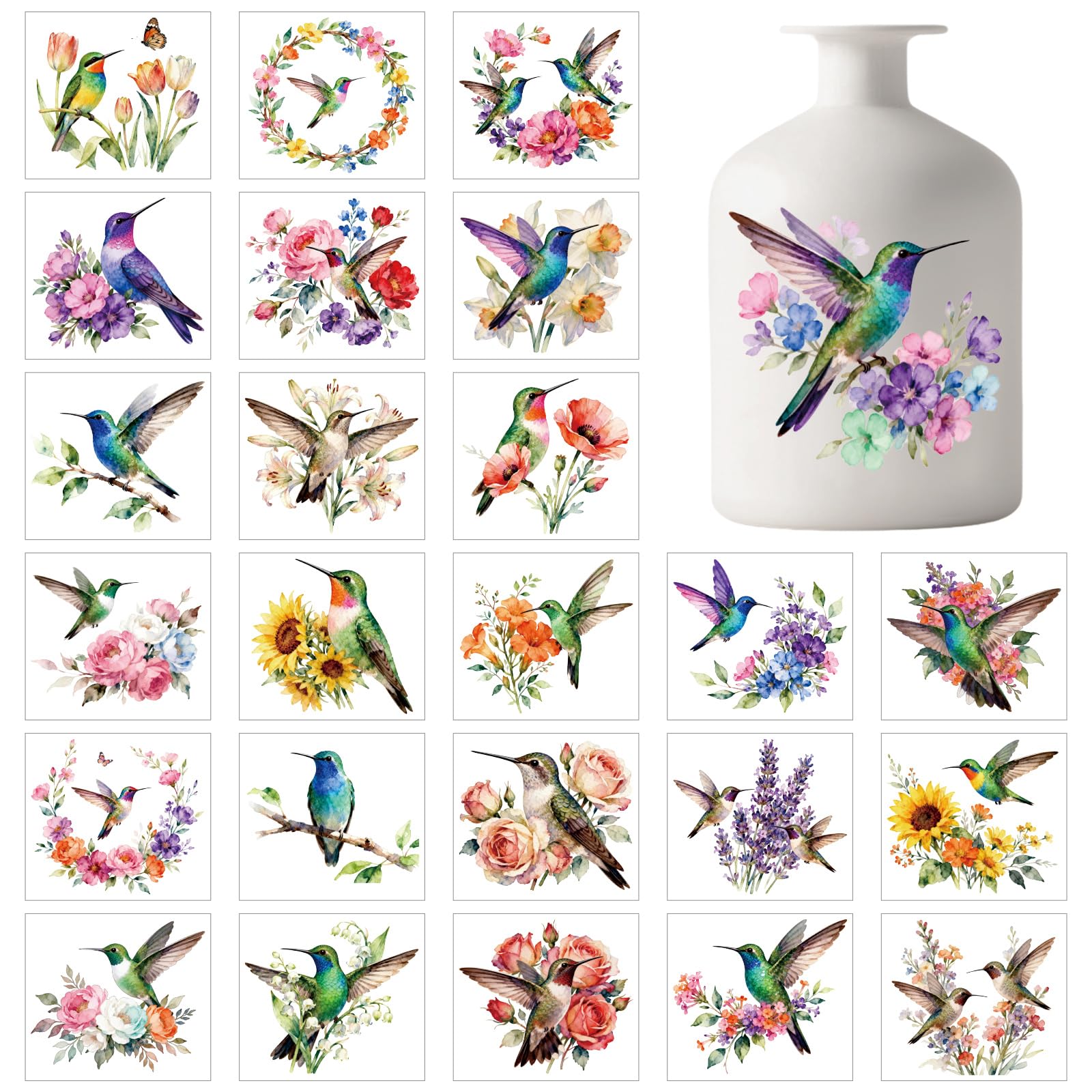 GLOBLELAND 25 Sheets Hummingbirds Stickers for Jar UV DTF Cup Wraps Flowers Hummingbird Sticker Decals Animals Floral Adhesive Lantern Stickers Decals for Crafting Vase Windows Door Office