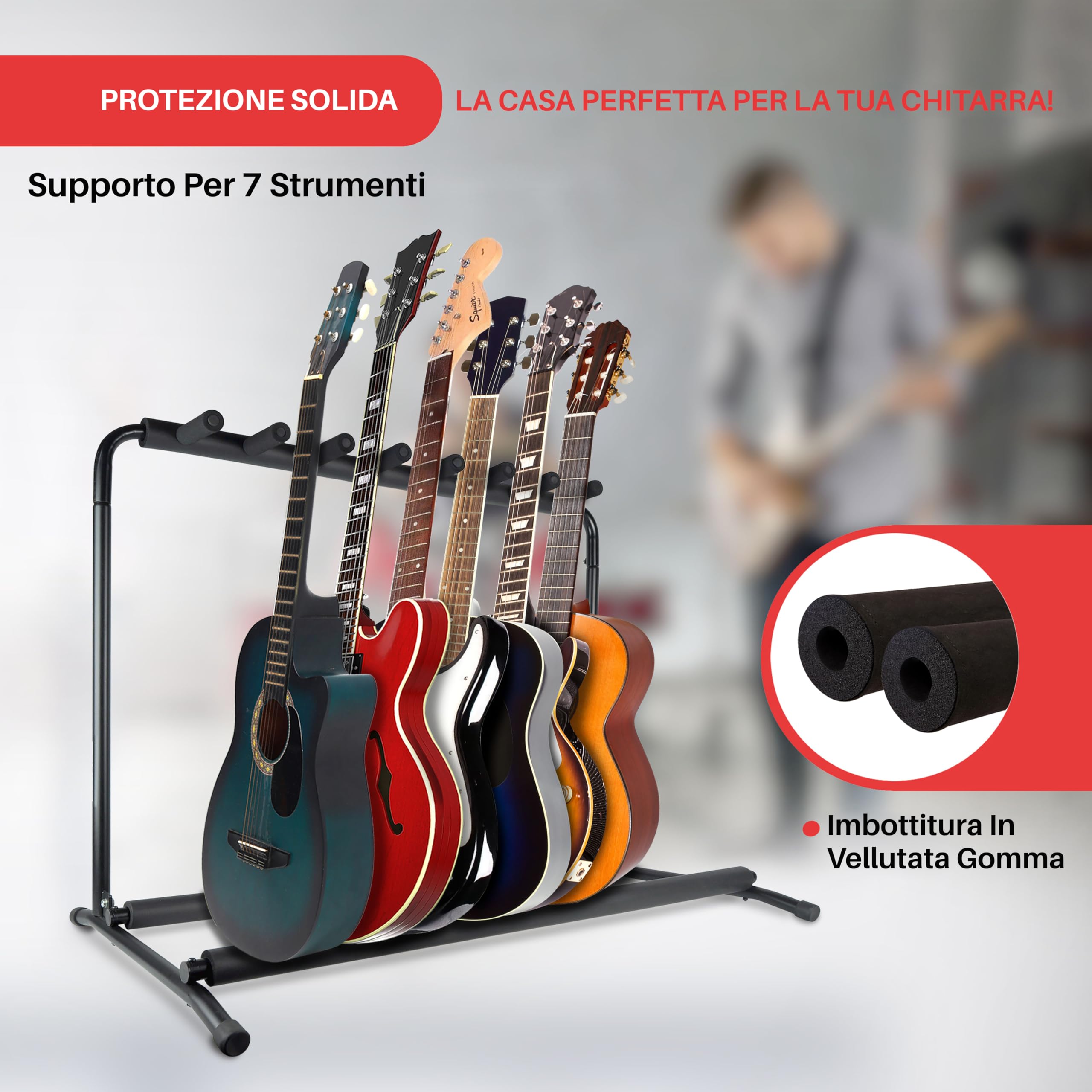 Pyle Supporto Chitarra a 7 Livelli e Pieghevole Universale, Porta Chitarra da Terra, Stand Chitarra, Poggia Chitarra, Guitar Stand con Fodera Antiscivolo in Gomma, Nero