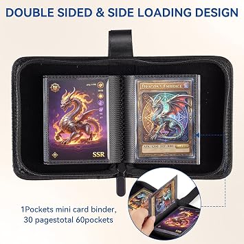 Mini Card Binder, EDUDIIU Small Pokemon Card Binder, 1 Pocket Card Binder 30 Pages Holds 60 Cards, Side-Loading Single Binder for TCG, MTG, Sports, Baseball, Small Trading Card Zipper Book - Black
