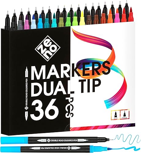 ZENO Juego de 36 marcadores de doble punta  Marcadores para colorear que no se corren para adultos  Puntas finas y de pincel, bolígrafos de acuarela