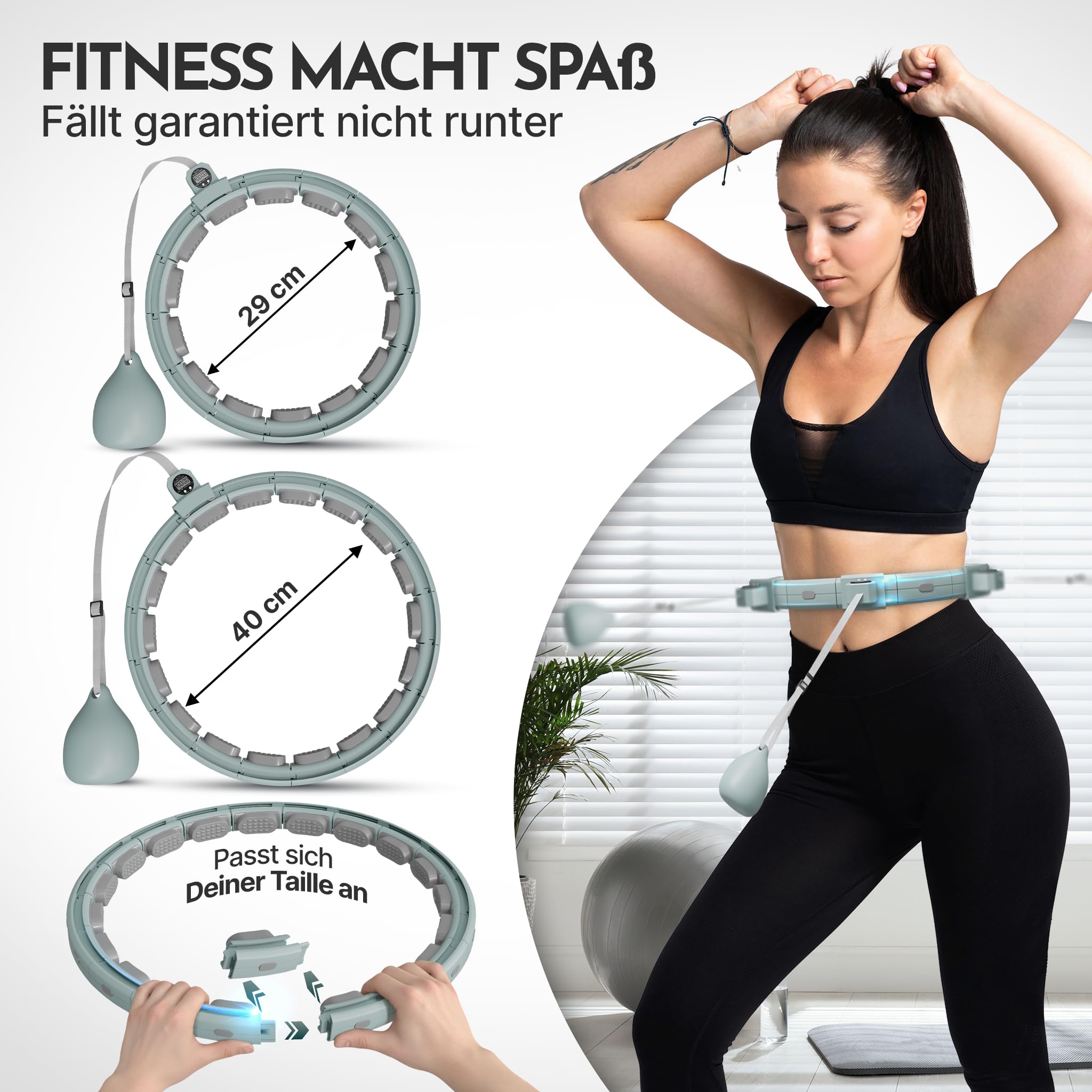 NEOLYMP Smart Hula Hoop Reifen Erwachsene – Hula Hoop leise mit integriertem Tracking für Zeit, Umdrehungen und Kalorien – Fitness Ring verstellbar 29–40 cm klick-System, Home Gym Gymnastikreifen