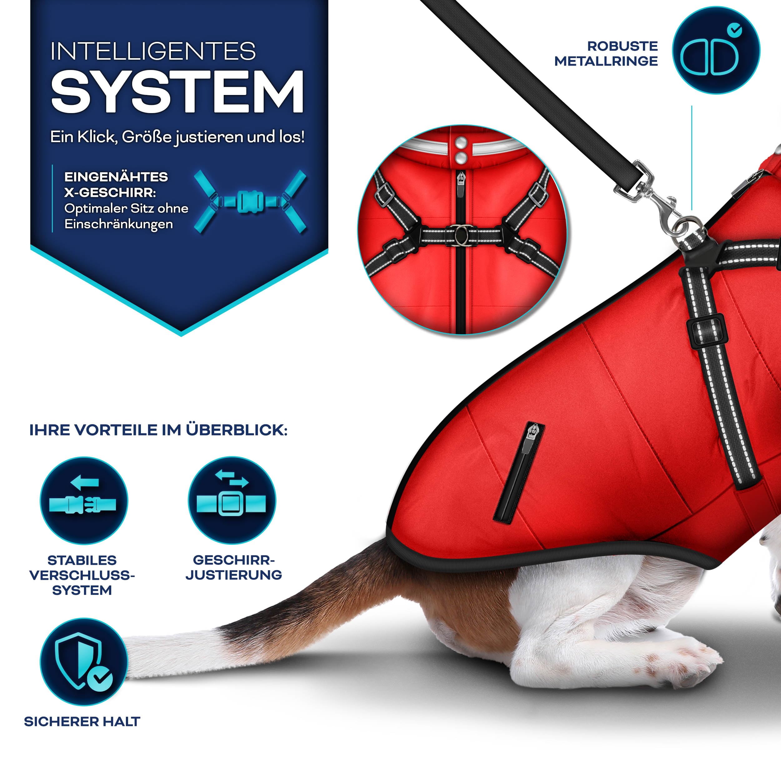 TRESKO® Hundejacke Winter mit Reflektoren mit 15 Stück Kotbeutel + Spender | Hunderegenmantel wasserdicht | Hundemantel mit Geschirr | Hunde Winterweste gefüttert für kleine, mittelgroße und große Hunde