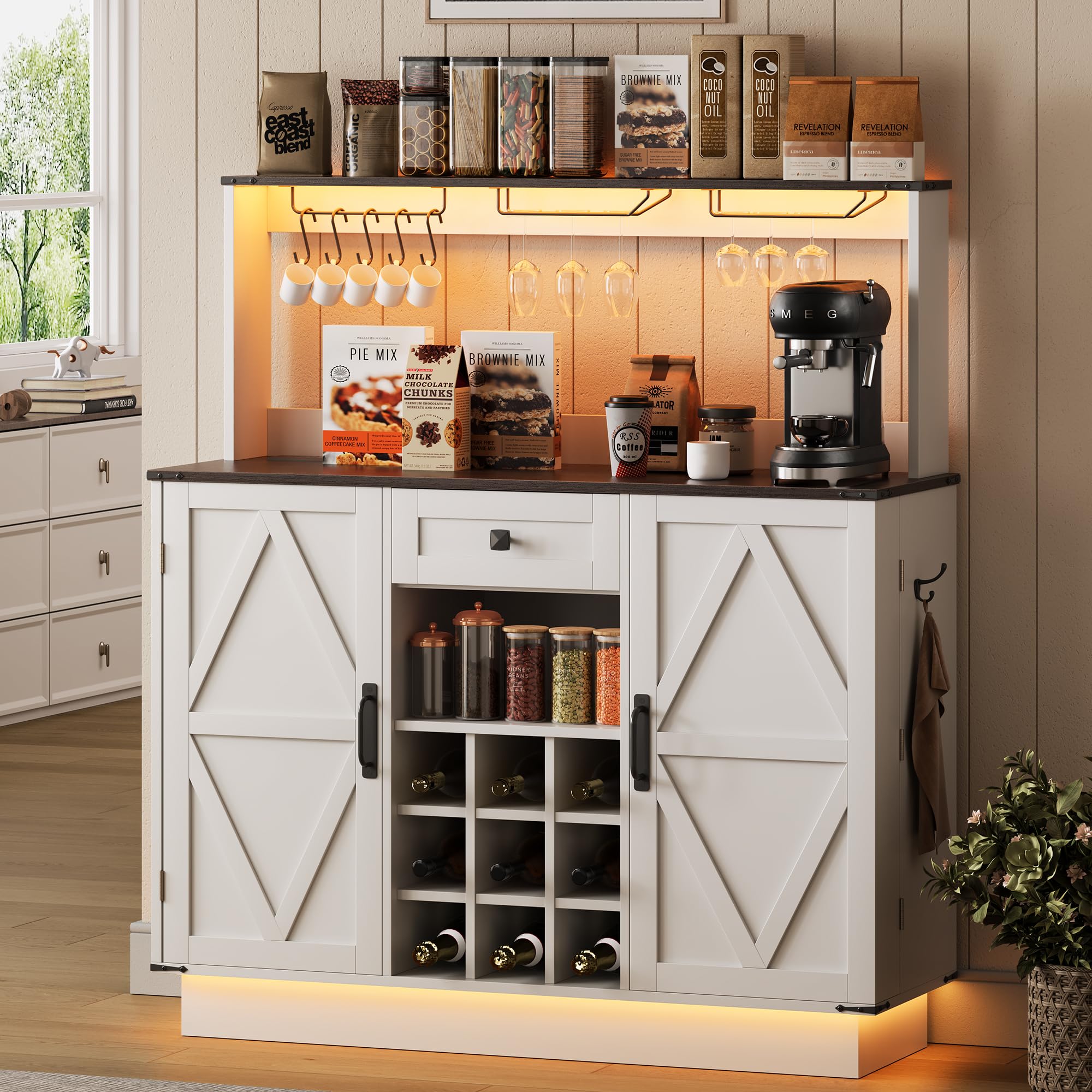 Amazon.com: Jocoevol Farmhouse Coffee Bar Cabinet with LED Light and ...