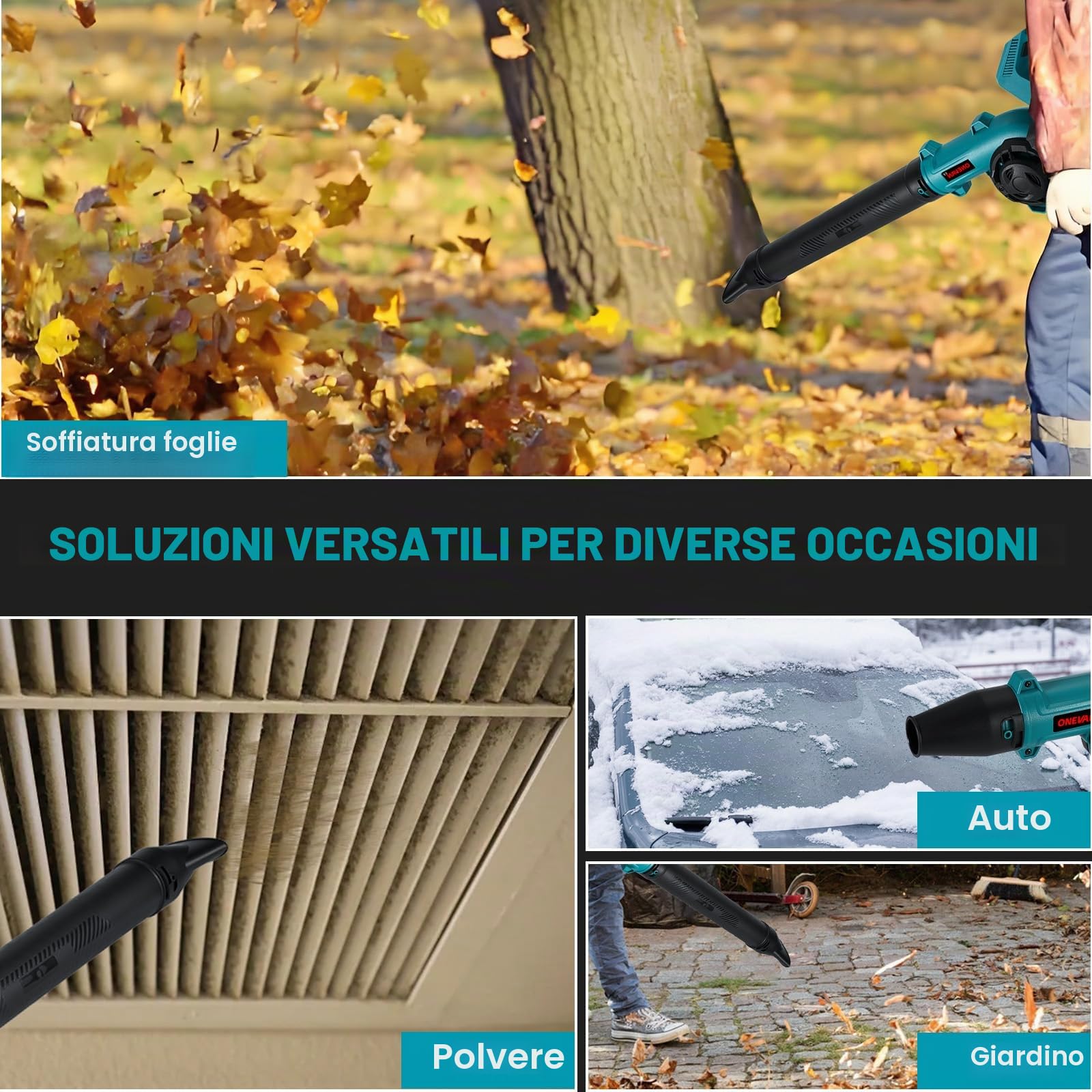 ONEVAN Soffianeve e Soffiatore Foglie a Batteria, 252 km/h con Testa Girevole 270°, 2 Batterie da 3000 mAh, per Neve, Foglie, Polvere e Sporcizia