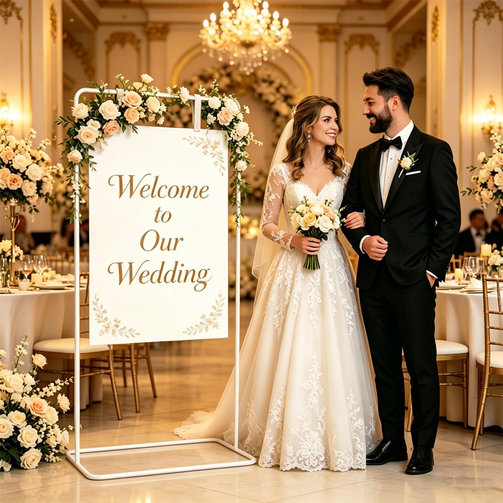 Porta cartello di benvenuto per matrimonio, 80 x 50 x 173 cm, cartello di benvenuto per matrimonio, con 4 cinghie in pelle nera, supporto per matrimoni, poster, piano di seduta, ricevimenti (bianco)