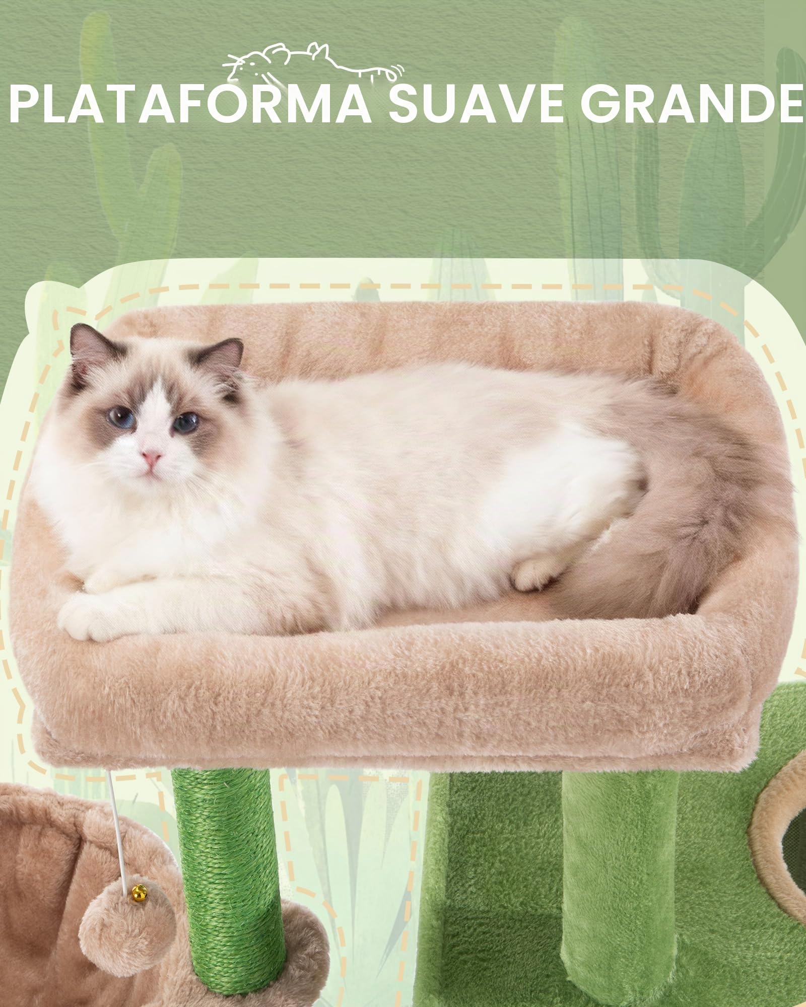 Hzuaneri 98 cm Árbol para Gatos, Árbol para Gatos, Poste rascador pequeño de Varios Niveles, con 4 Postes Rascadores, 2 Cuevas, Grandes Plataformas, Hamaca, Pompones, Verde Marrón MS10018AGV1
