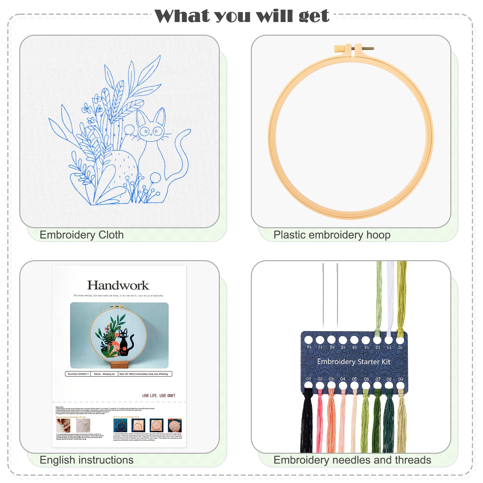 Kit Broderie Chat DIY 3 Motifs – Point De Croix Pour Débutants Avec Cerceau, Fils Et Instructions – Loisir Créatif Adulte & Enfant