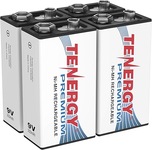 Tenergy Premium 9V Baterías recargables de alto drenaje 250mAh NiMH 9V Cuadrado Batería para alarma de humodetector paquete de 4