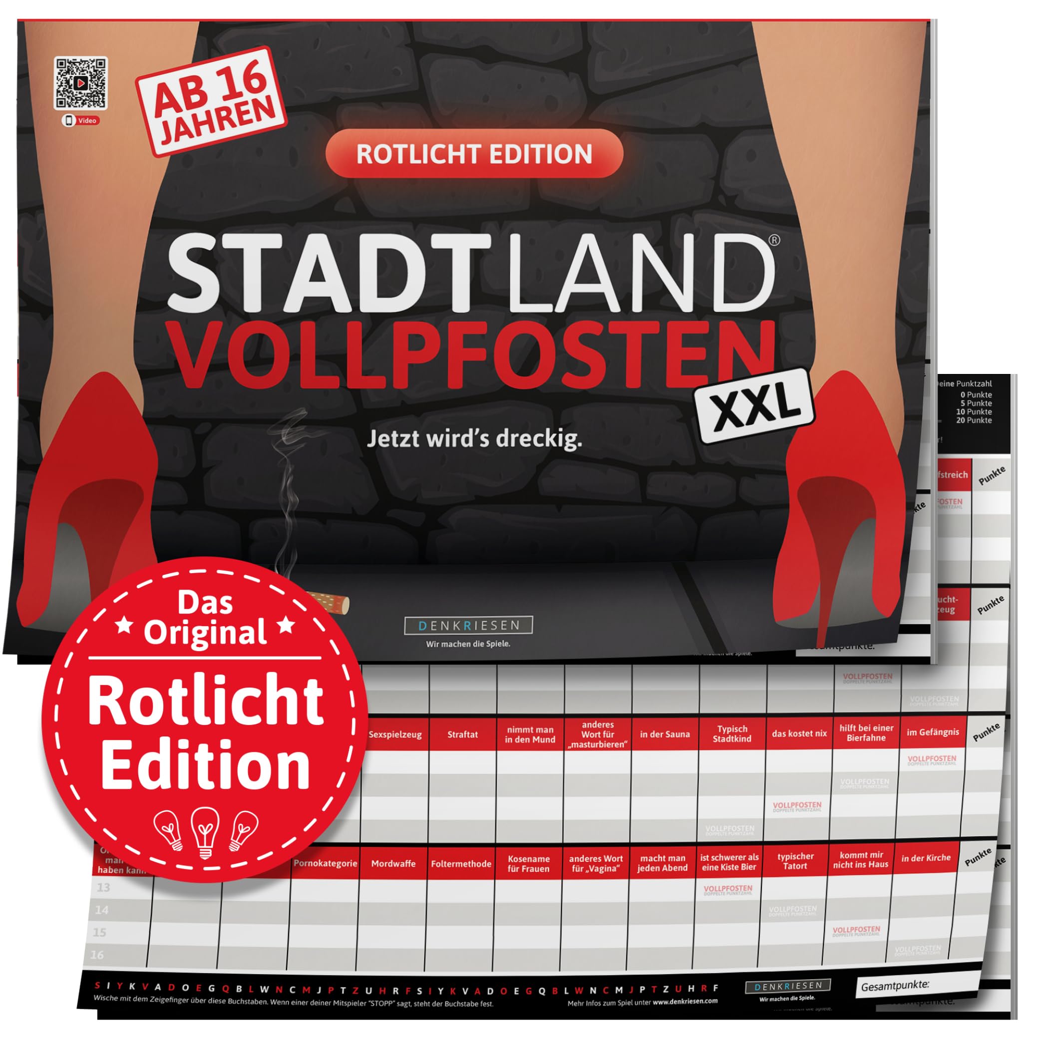 DENKRIESEN - Stadt Land VOLLPFOSTEN® - Rotlicht Edition - 'Jetzt wird's dreckig.' - Ab 16 Jahren - A3 | Partyspiel | Stadt Land Fluss | Spielblock | Scherzartikel | Geschenkidee