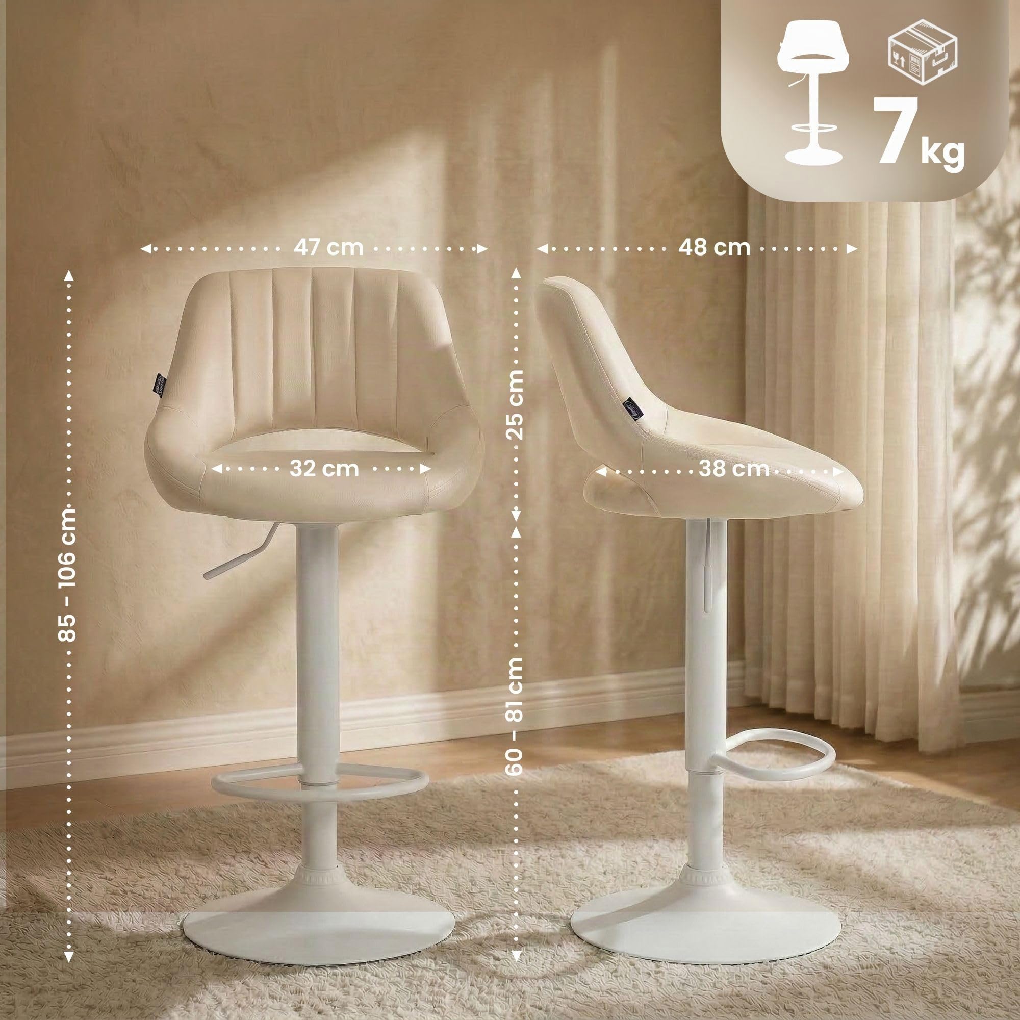 CLP Tabouret de Bar Milet reglable en Hauteur avec Dossier, Chaise de Bar rembourree en Similicuir, pivotante avec Structure en Metal | Couleur crème Couleur du Cadre Blanc