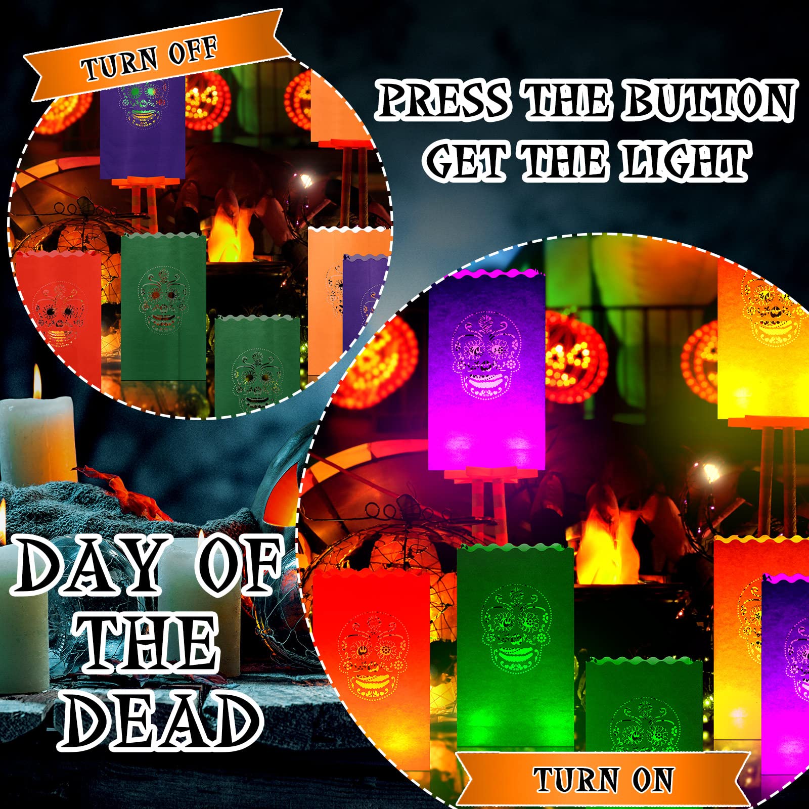 32 Set Day Of The Dead Luminary Bags With LED Tea Lights - Dia De Los Muertos Decor