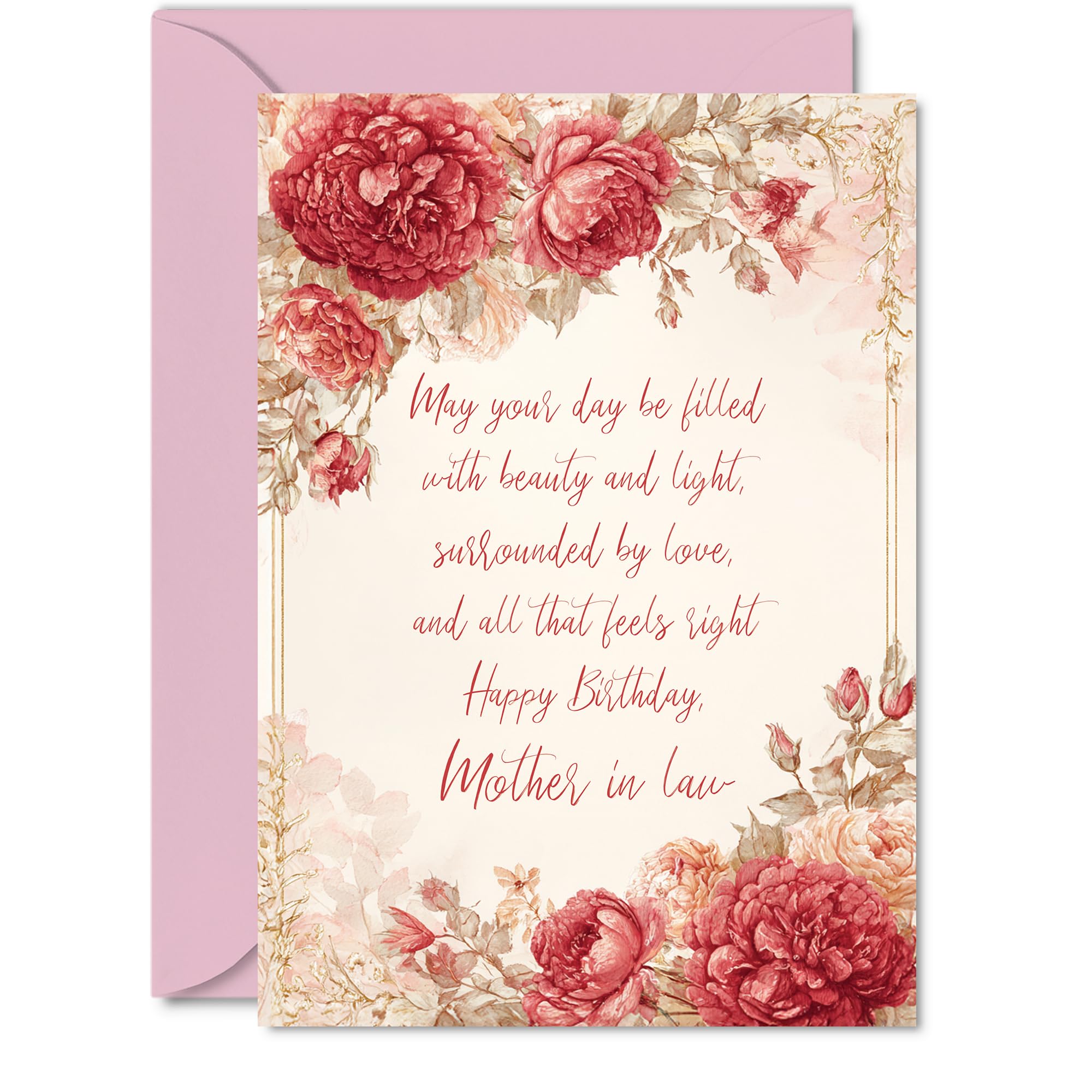 Mother in Law Birthday Card - Vintage Peonies - Happy Birthday Card for Mother in Law from Son Daughter, 5x7 Inch Classic and Timeless Bday Greeting Cards