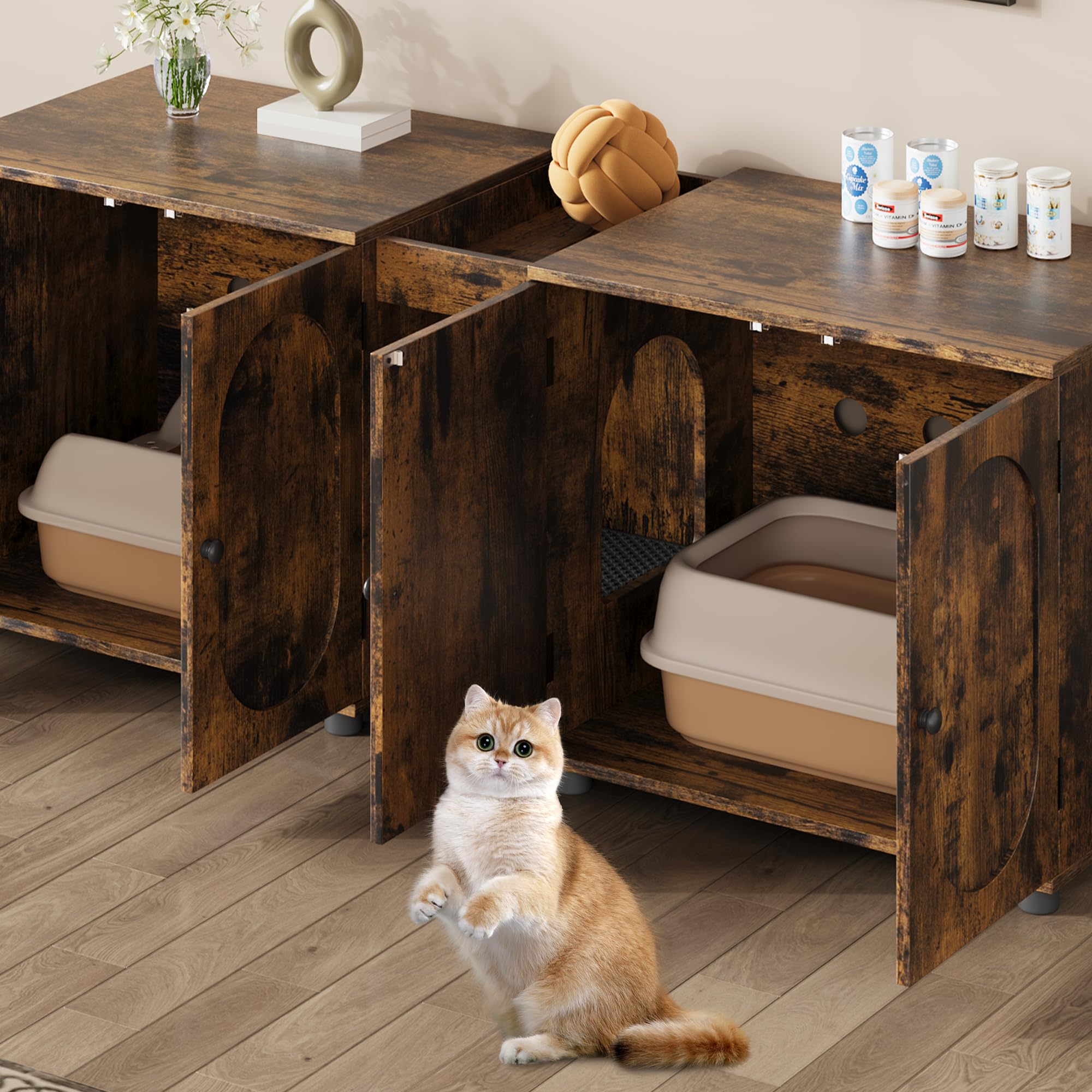 Meuble Litière pour Chat Double en Rotin, Maison de Toilettes pour Chat d'Intérieur avec Entrée et Range Chat, Meuble Litière Chat
