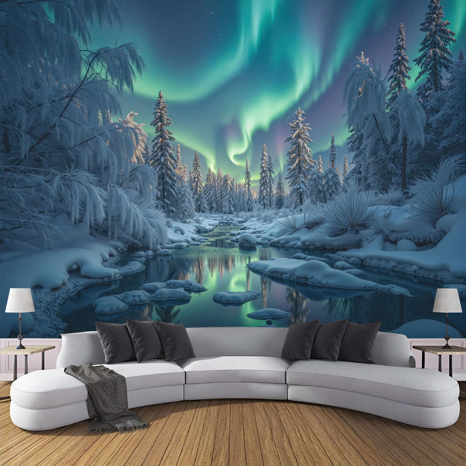 Carta da parati 400x280cm - Murale alla Fiumi Di Ghiaccio E Neve Aurora Boreale Decorazione da Muro Poster Gigante Paesaggio Invernale Tessuto di Seta per Camere Soggiorno Ufficio, Verde Fluorescente
