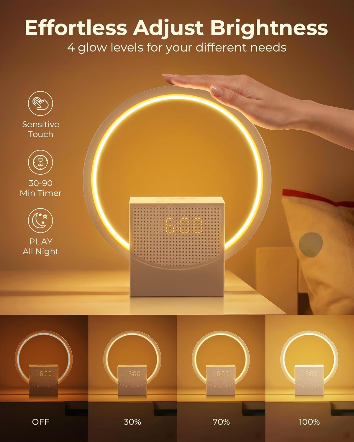 Sunrise Alarm Clock with White Noise Machine, 10 Soothing Sounds, Wake Up Light with Sleep Timer, 4-Level Touch Night Light, USB Port, Digital Alarm Clocks for Bedroom Heavy Sleepers Adults