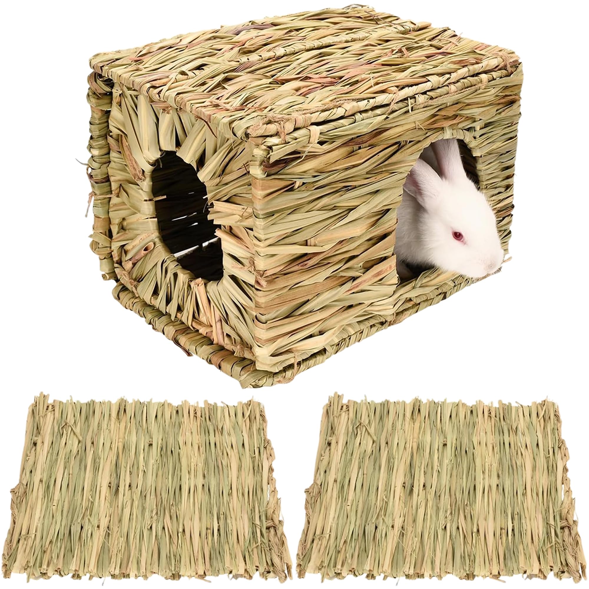 Folding Straw House, Rabbit Grass House, para Rabbit Guinea Chinchilla Hurón, Multi-Utilidad, Comestible, No tóxico, Chew Toy para Animales pequeños con 2 alfombras de Hierba