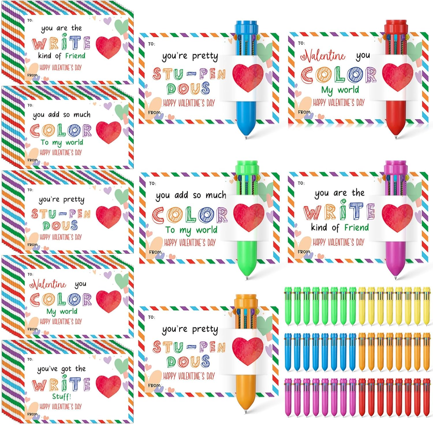 Sabary 50 Set Valentines Day Card and Multicolor Pen Gift Greeting Card and Retractable Multicolored Pen for Kids School Valentine's Day Student Classroom Exchange Gift Party Favor (Multicolor,10-in-1)