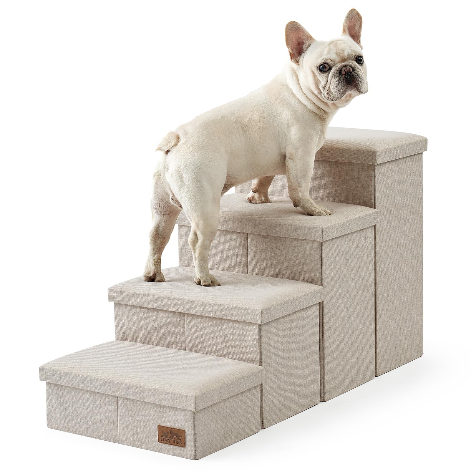 COZY KISS Dog Stair for Small Dogs with Storage, Foldable Pet Step with Leakproof Cover, Older Cat Ramp for Chair Couch Sofa, Lightweight, Comfort (beige, 38.1x17x22 inch, 4) — image 1