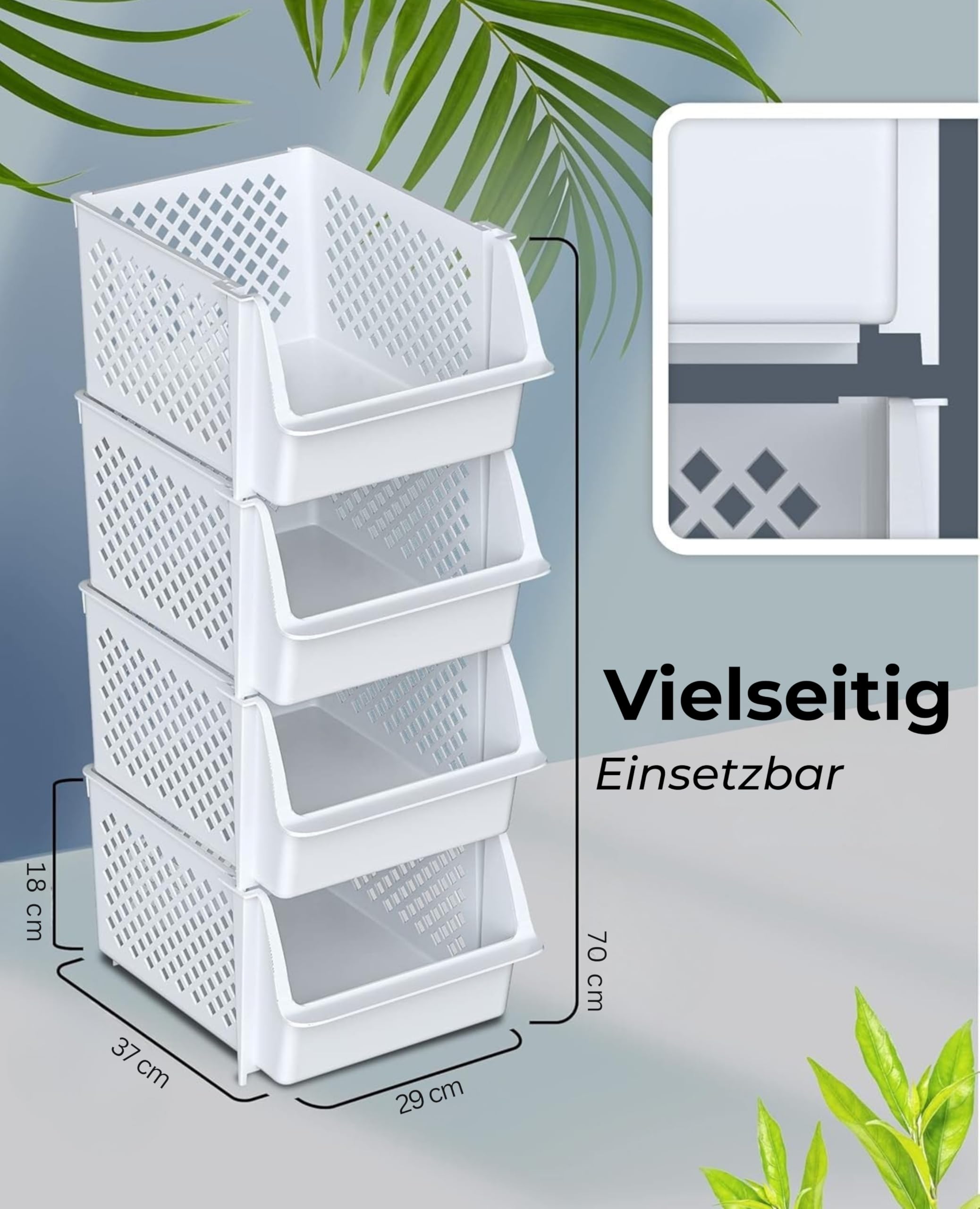 Skywin TidyFriend Stapelbare Aufbewahrungsboxen 4er-Set – Offene Front Organizer für Küche & Vorratskammer – Kunststoff-Körbe für Garage & Spielzeug