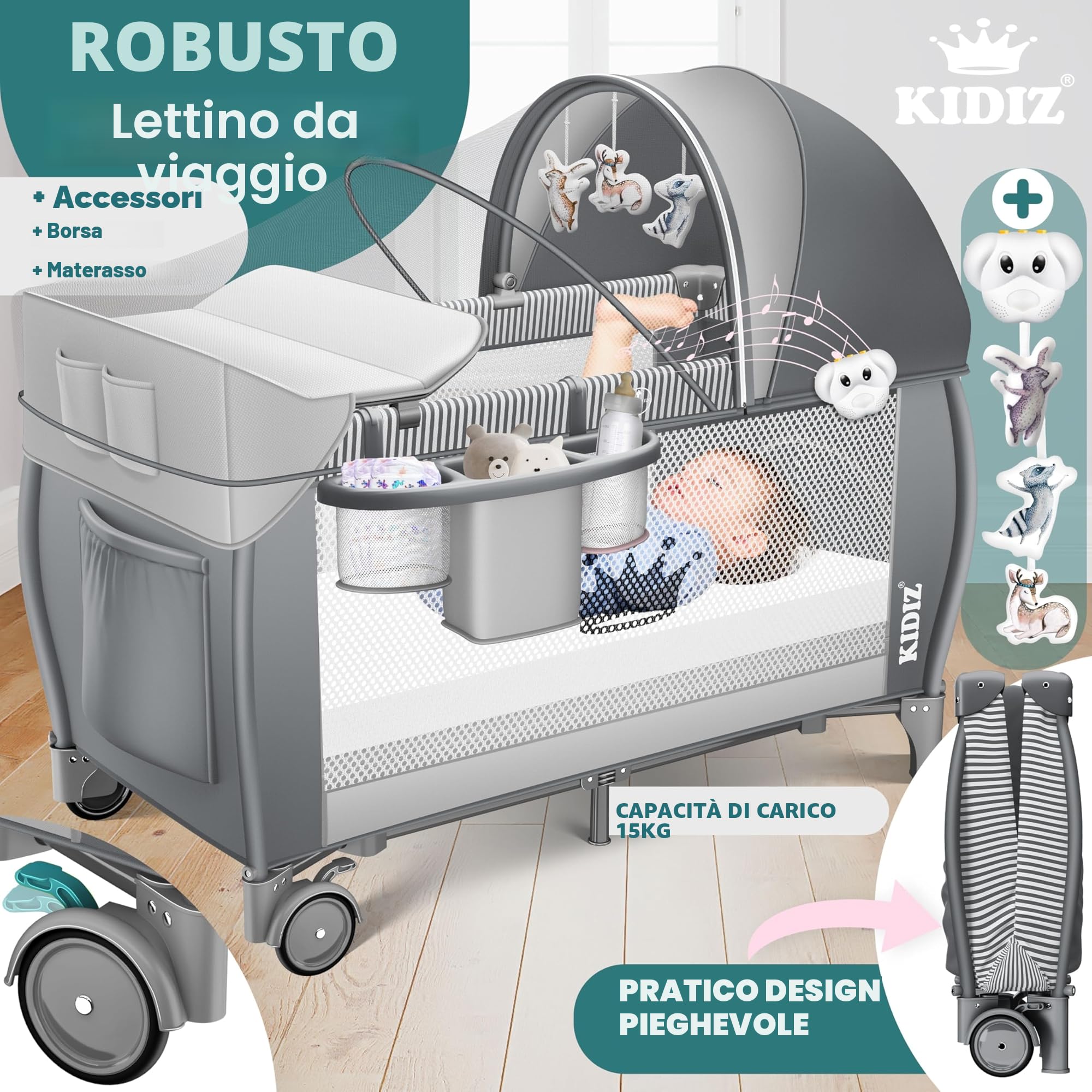 KIDIZ® Lettino per bambini 3in1, Lettino da viaggio, Set - Lettino con fasciatoio, Zanzariera, Pareti laterali aerate, Navicella, pieghevole, fino a 15 kg, Grigio