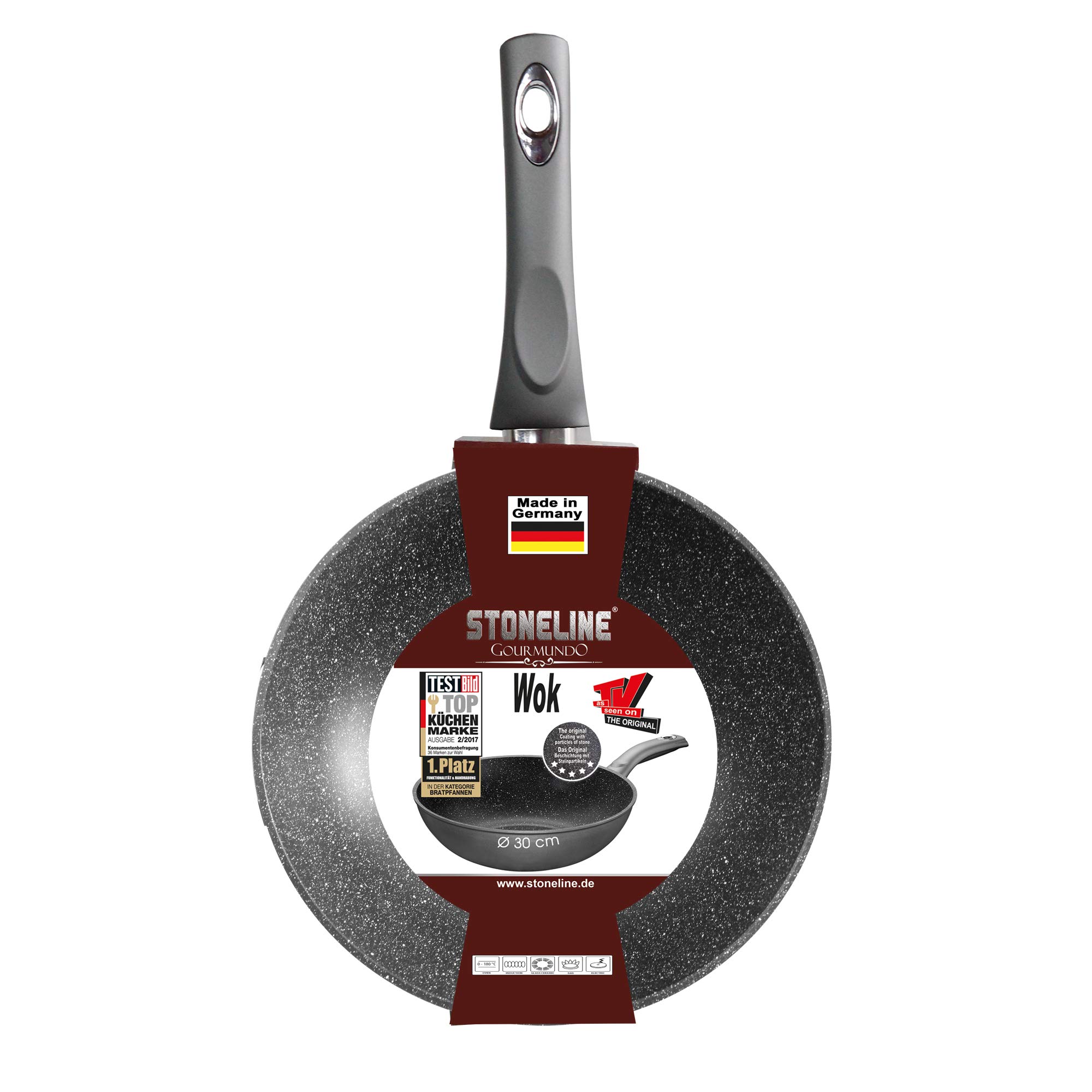 STONELINE Gourmundo Made in Germany Wok 30 cm, auch für öl- und fettfreies Braten, Wok Pfanne beschichtet mit echten Steinpartikeln, Wok Induktion und backofengeeignet