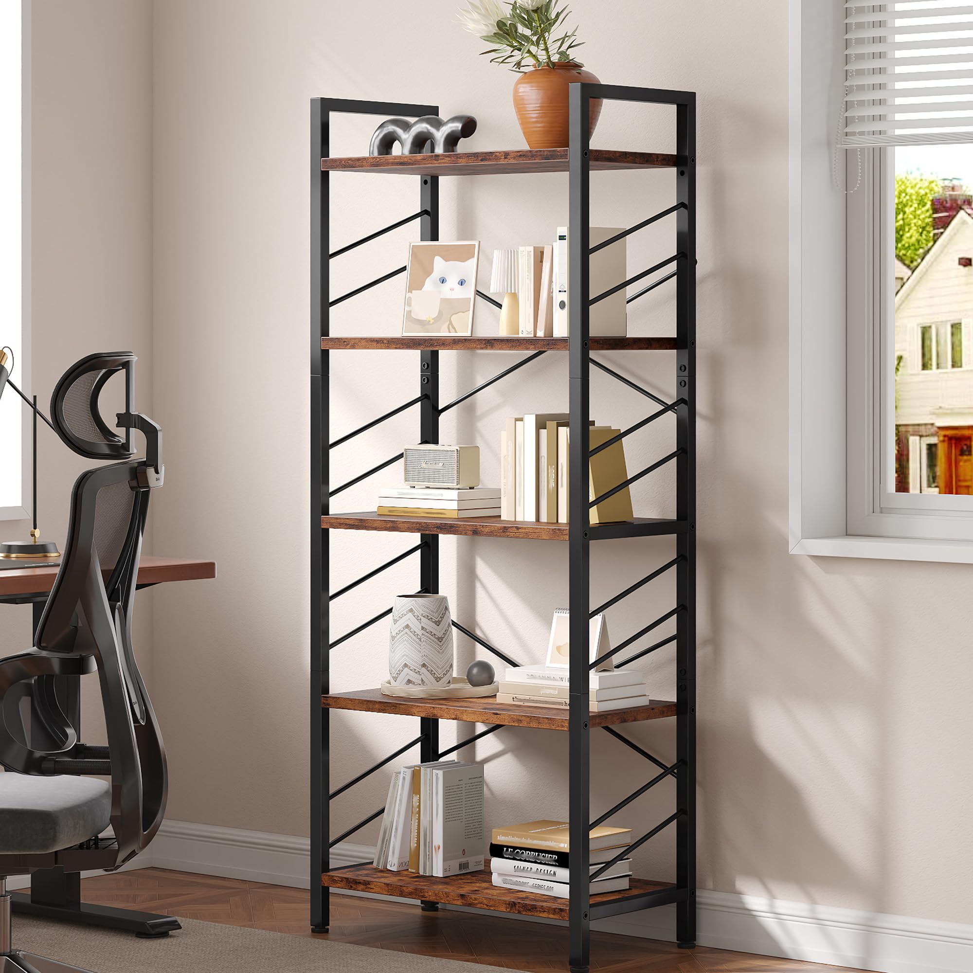 165cm Tall Book Shelf, 5 Tier Bookcase, Bookshelf with Double Sidebars & Anti-Tip Kit, Sturdy Metal Frame for Bedroom, Living Room, Home Office, Easy to Assemble,Rustic Brown