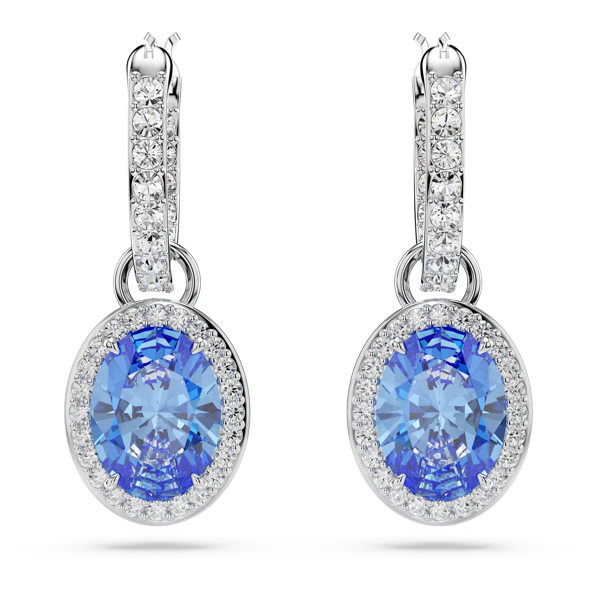 Swarovski Pendants d'oreilles Constella ornés d'une pierre bleue et d'un pavage de cristaux incolores, en métal rhodié