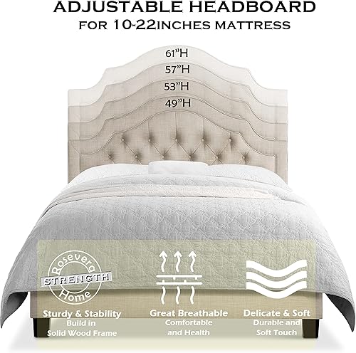 Miniatura 23 de Rosevera Jardin - Marco de cama con plataforma copetuda con botones, base de cama tapizada de tela con cabecera ajustable y soporte de listones de