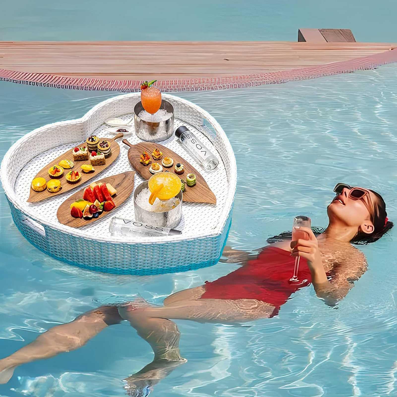 Vassoio Galleggiante in Rattan per Piscina con Manici, Vassoio Galleggiante per Bevande e Snack, Vassoio Galleggiante per Piscina, Accessori per Piscina, Decorazioni per Spiaggia e Feste.