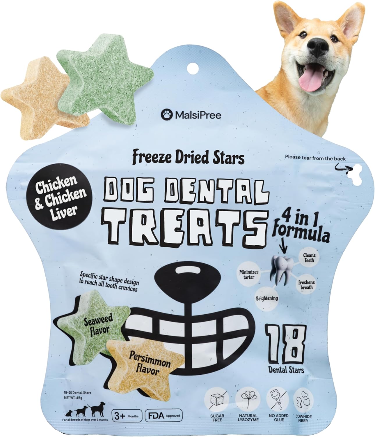 MalsiPree Freeze Dried Dental Chews for Dogs - Clean, Brighten, Freshen Breath & Minimize Tartar - Dog Teeth Cleaning Chews - Anti-Choke - Natural Lysozyme (Chicken Base, 18 pc) ( BBD :AUG /31/2026 )