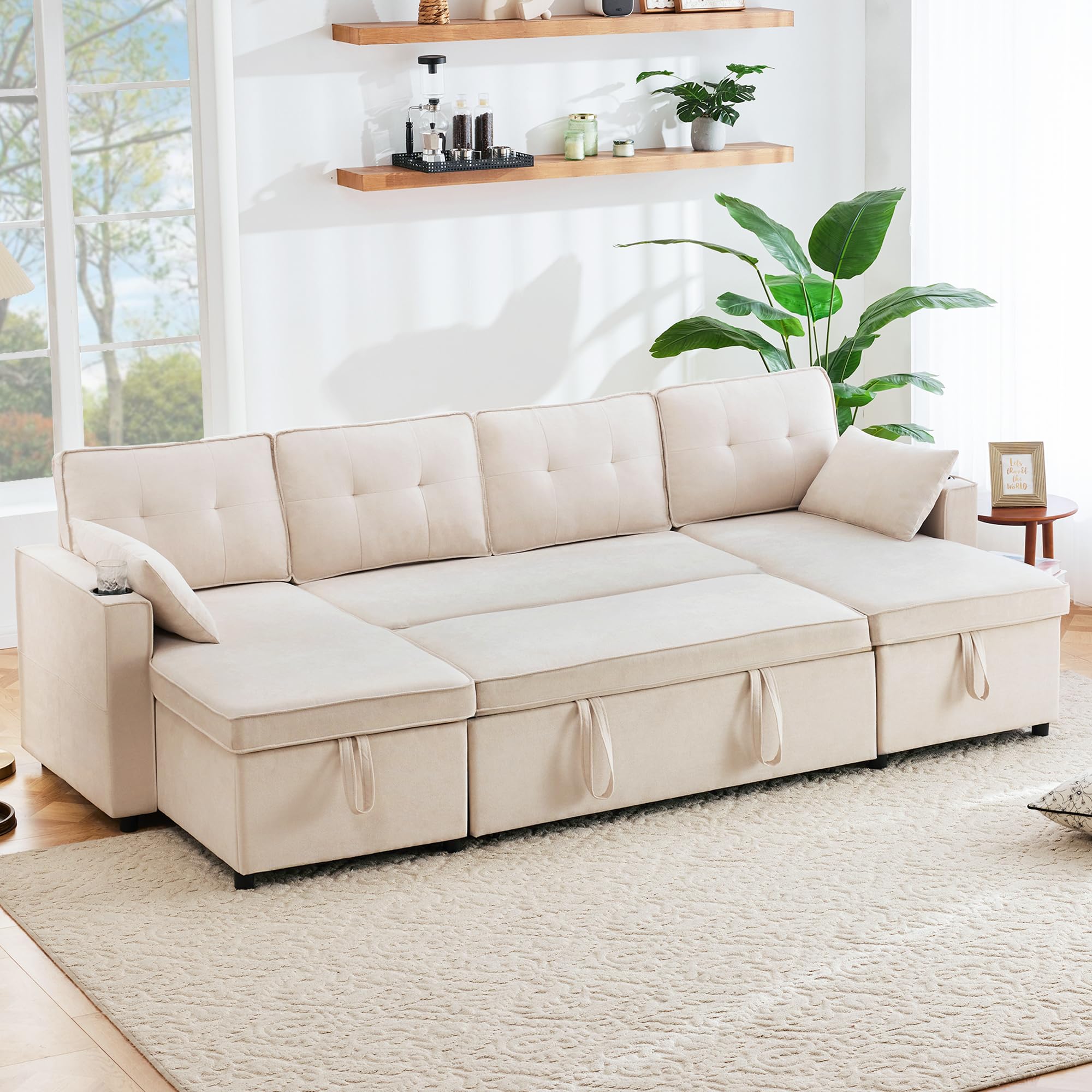 Bladez Divano letto a forma di L con portabevande intercambiabile Chaise Longue moderno soggiorno divano in lino di cotone (beige, 4 posti)