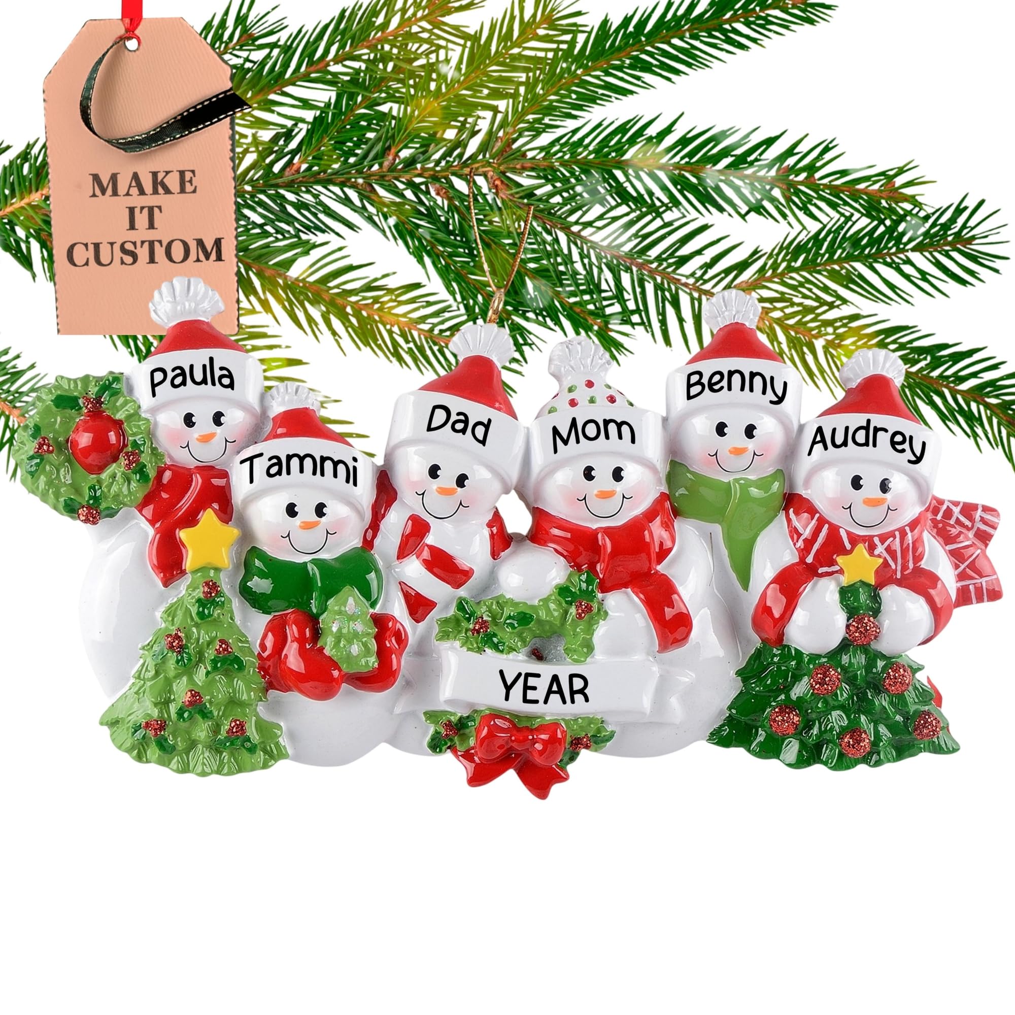 Holiday Traditions Multicolor Personalised Family Of 6 Ornament 2025 – Fast & Free 24H Customisation – Christmas Ornaments For Tree – Custom Gift Wrapped Snowman Keepsake For Six Persons