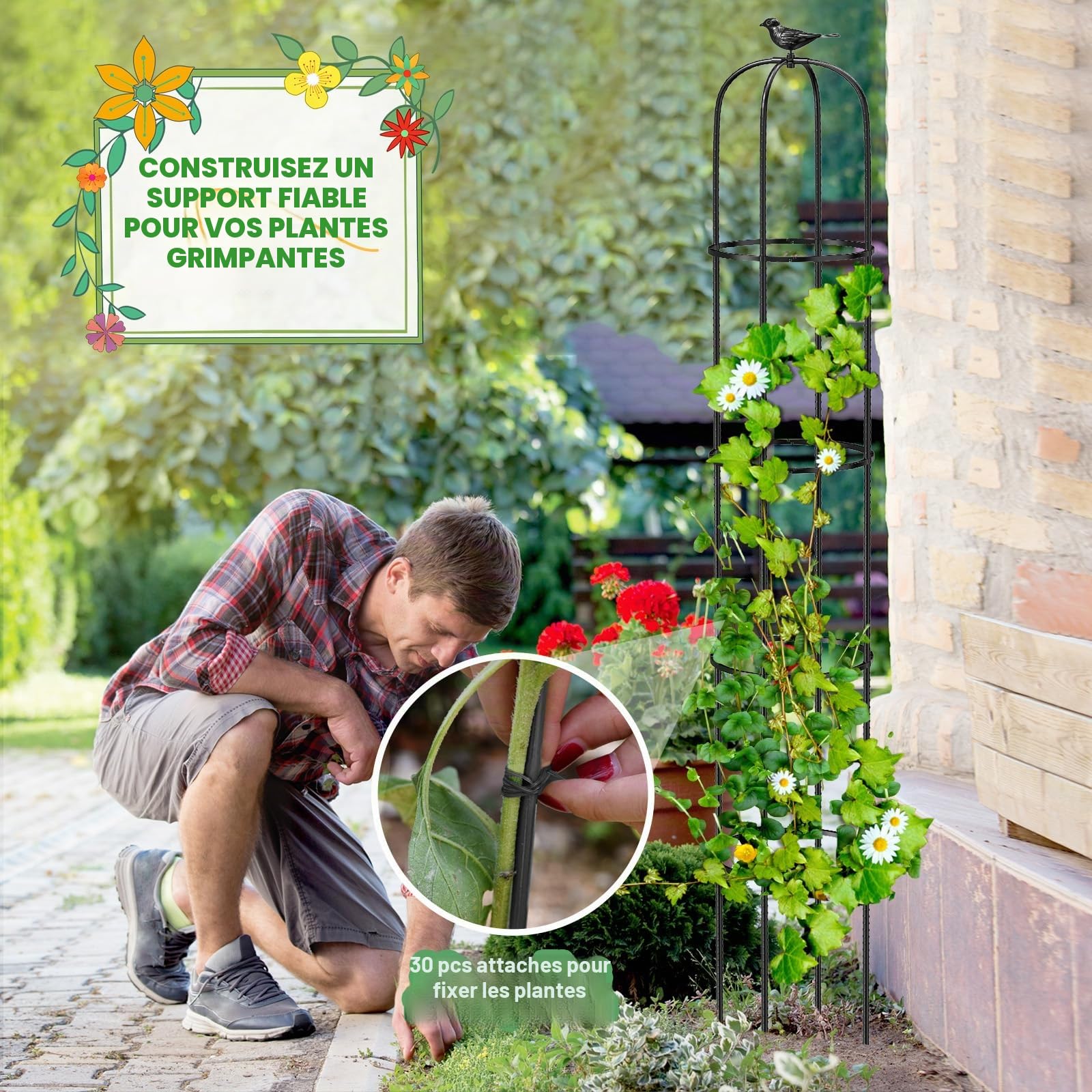 MQUPIN Treillis de Jardin pour Plantes Grimpantes,192CM Noir Tour Jardin Obélisque Treillis Métal Antirouille Plante Pot Support Escalade pour Intérieur Extérieur Fleurs Légumes Fruits(2 Pièces)